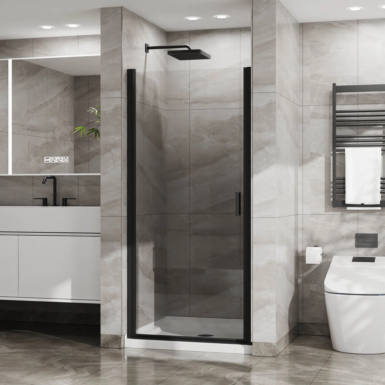 34"-35.2" x 72" Black Pivot Shower Door Kit with Tempered Glass and Acrylic Shower Pan - Image 4