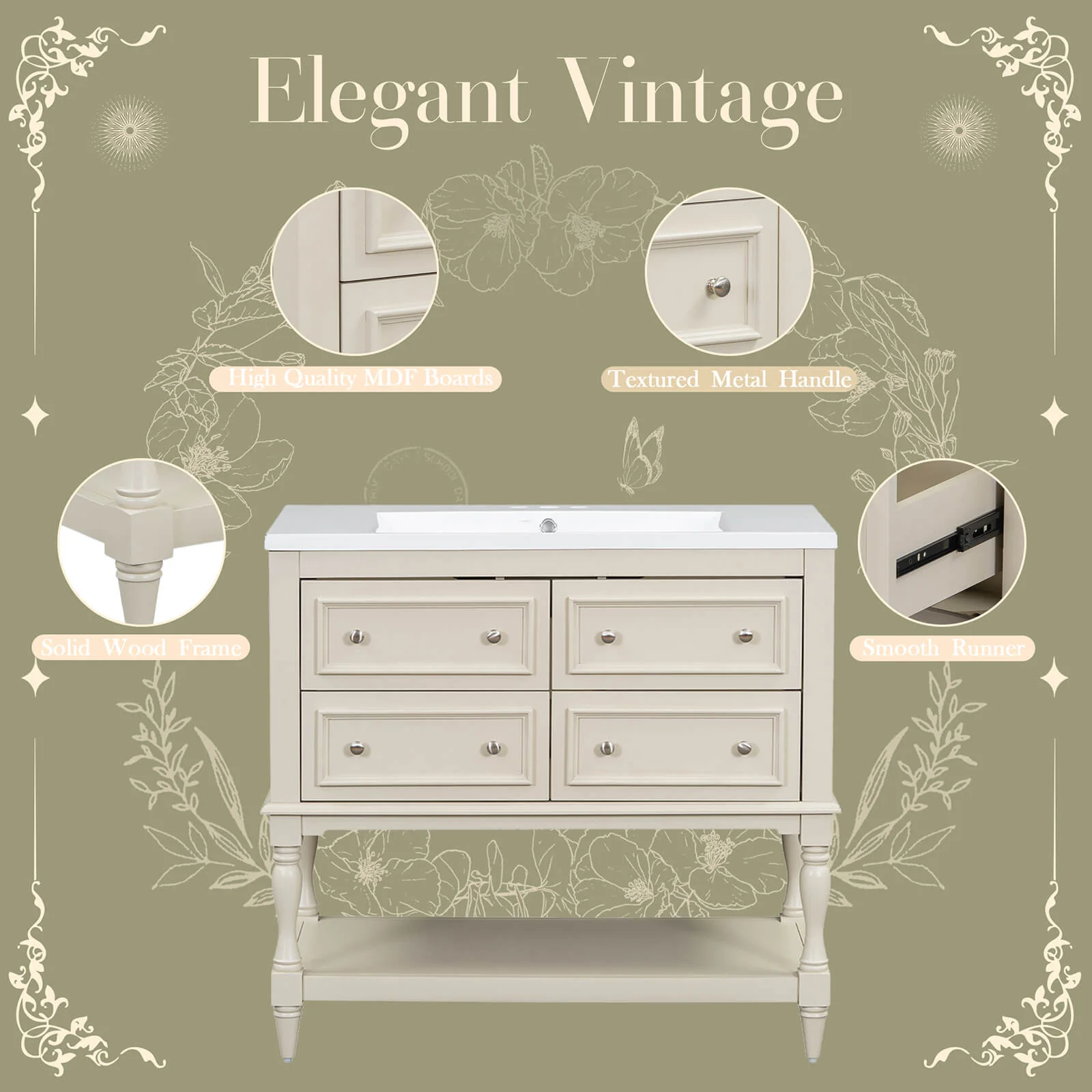 36" Beige Vintage Bathroom Vanity with Open Bottom, Including Sink - Image 4