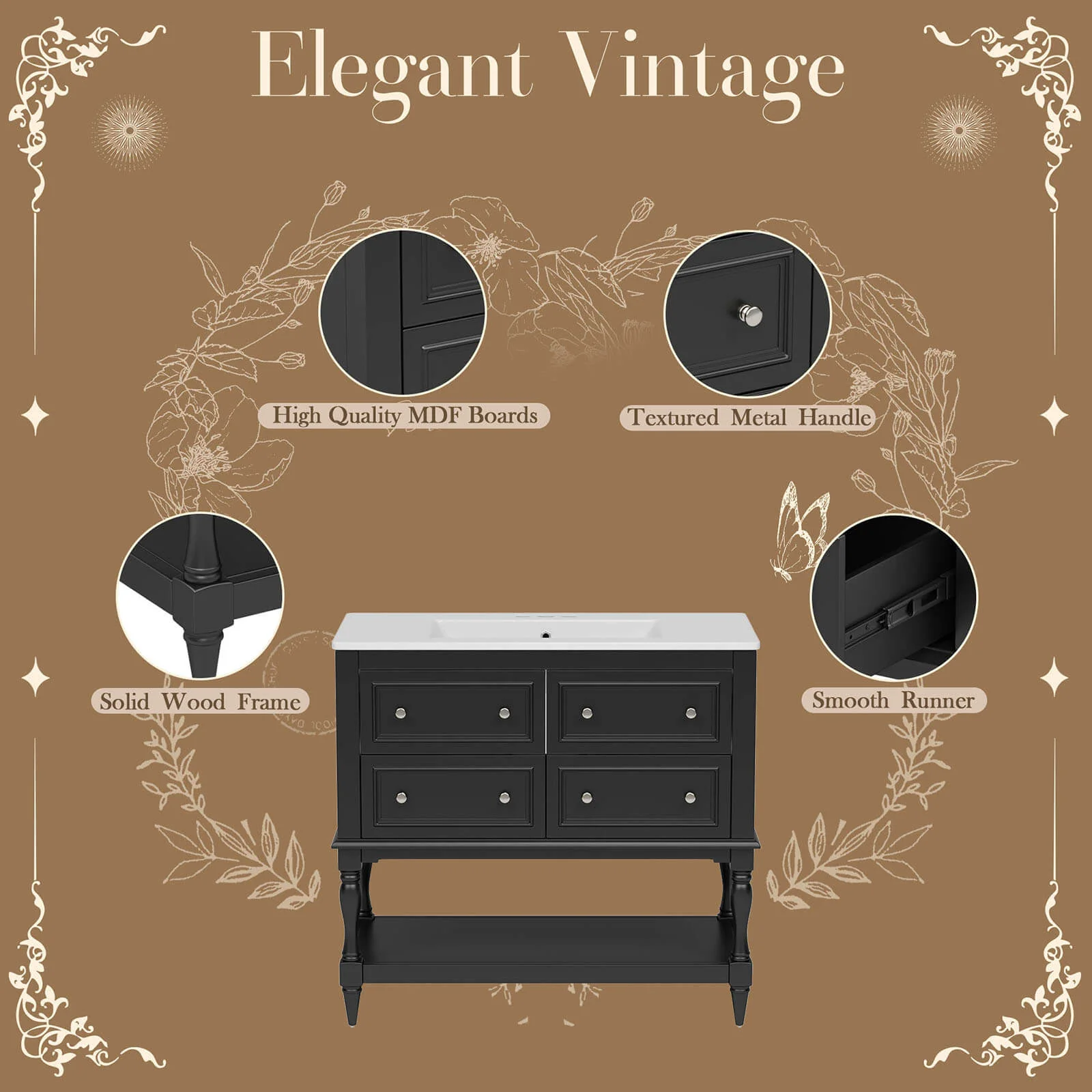 36" Black Bathroom Vanity with Open Bottom - Image 3