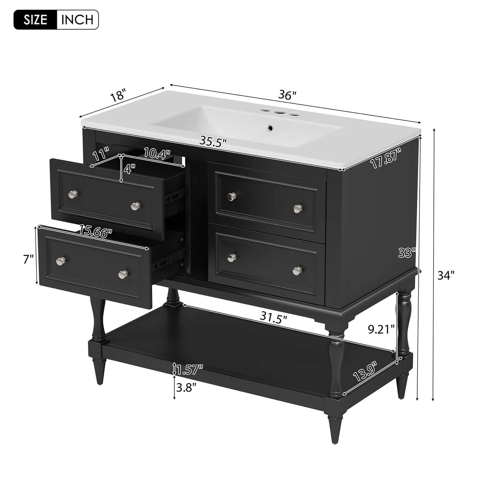 36" Black Bathroom Vanity with Open Bottom - Image 8