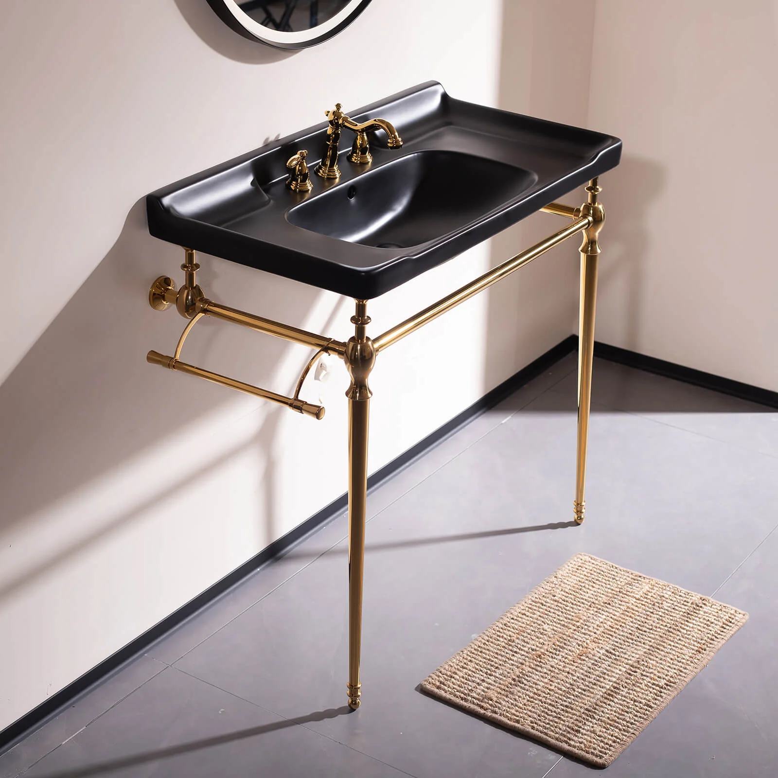 36" Black Ceramic Console Sink with Gold Metal Legs