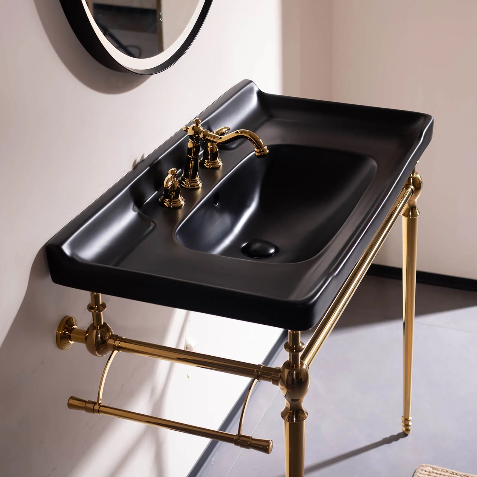 36" Black Ceramic Console Sink with Gold Metal Legs - Image 2