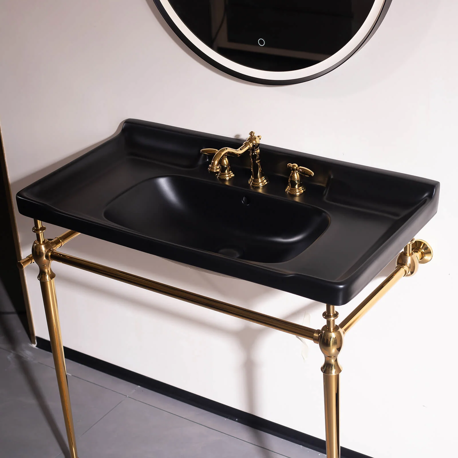36" Black Ceramic Console Sink with Gold Metal Legs - Image 3