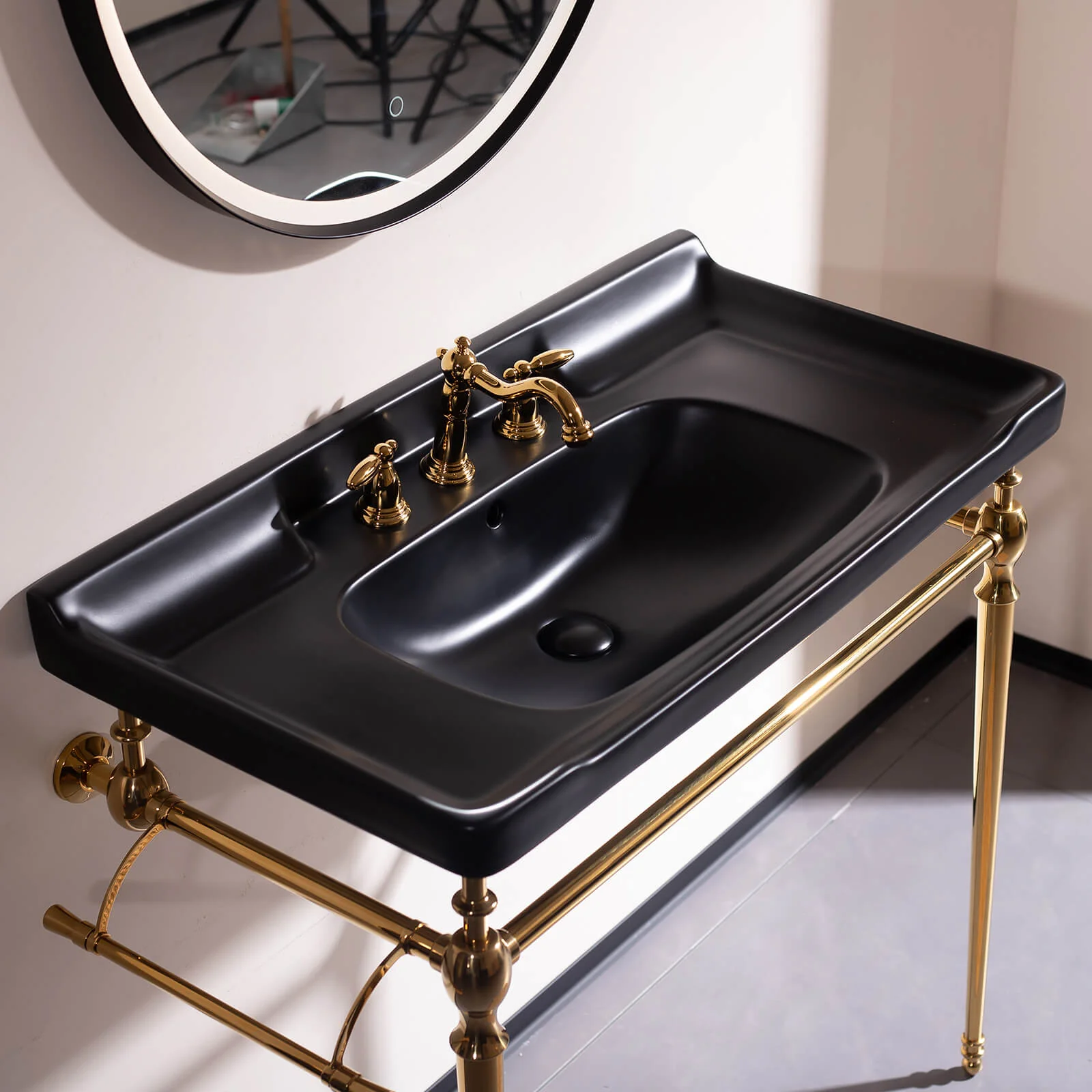 36" Black Ceramic Console Sink with Gold Metal Legs - Image 4