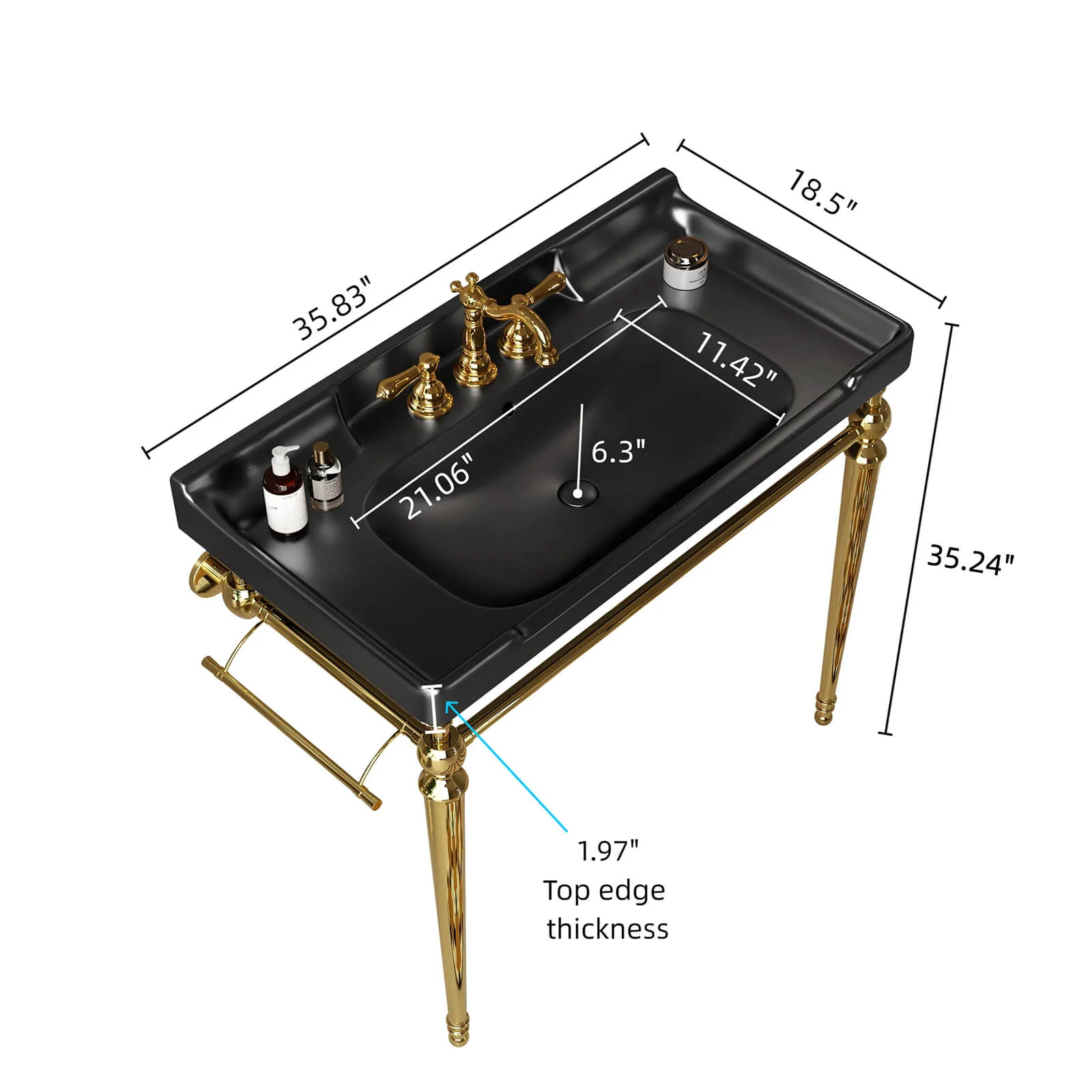 36" Black Ceramic Console Sink with Gold Metal Legs - Image 6