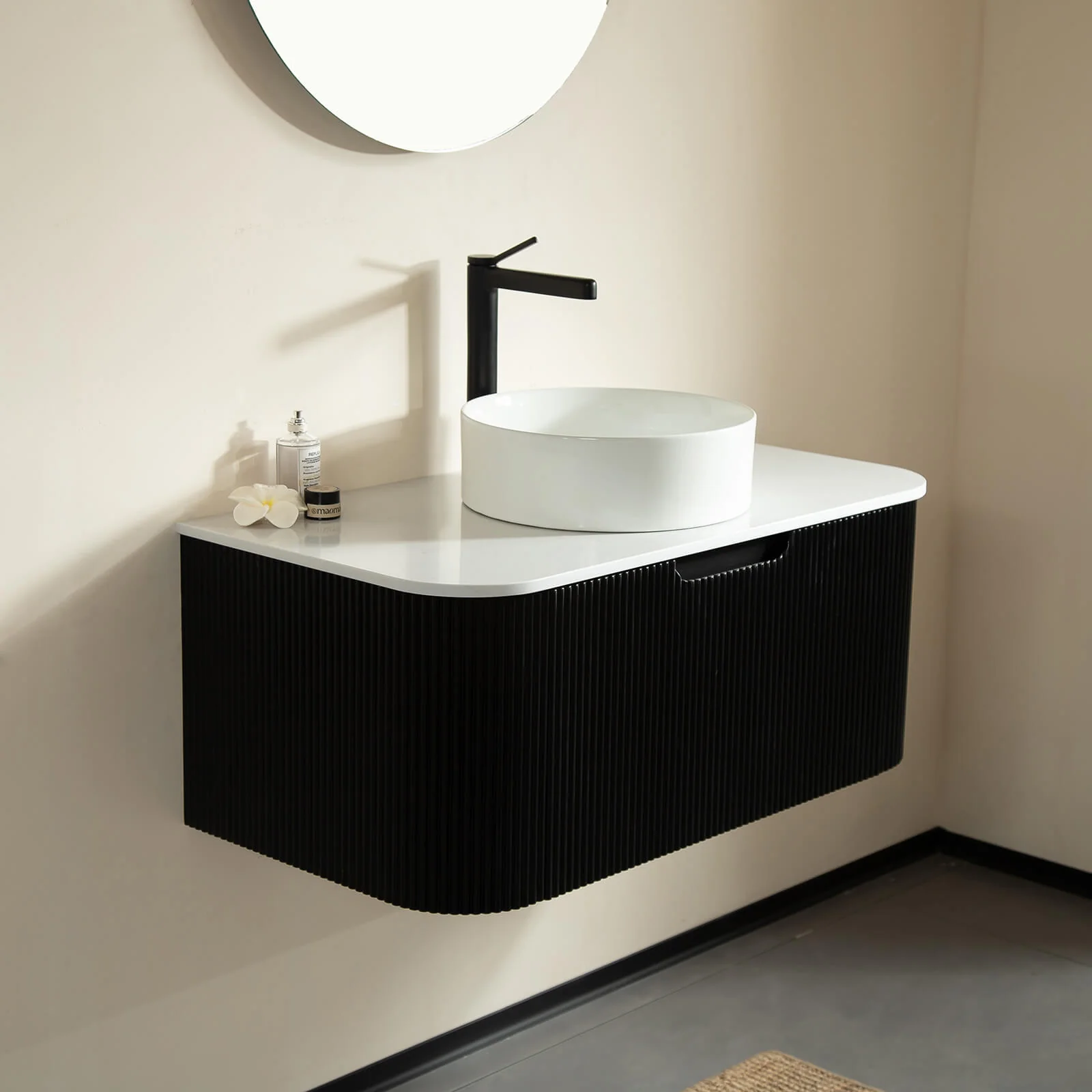 36" Black Curved Edges Floating Vanity with Round Vessel Sink - Image 2