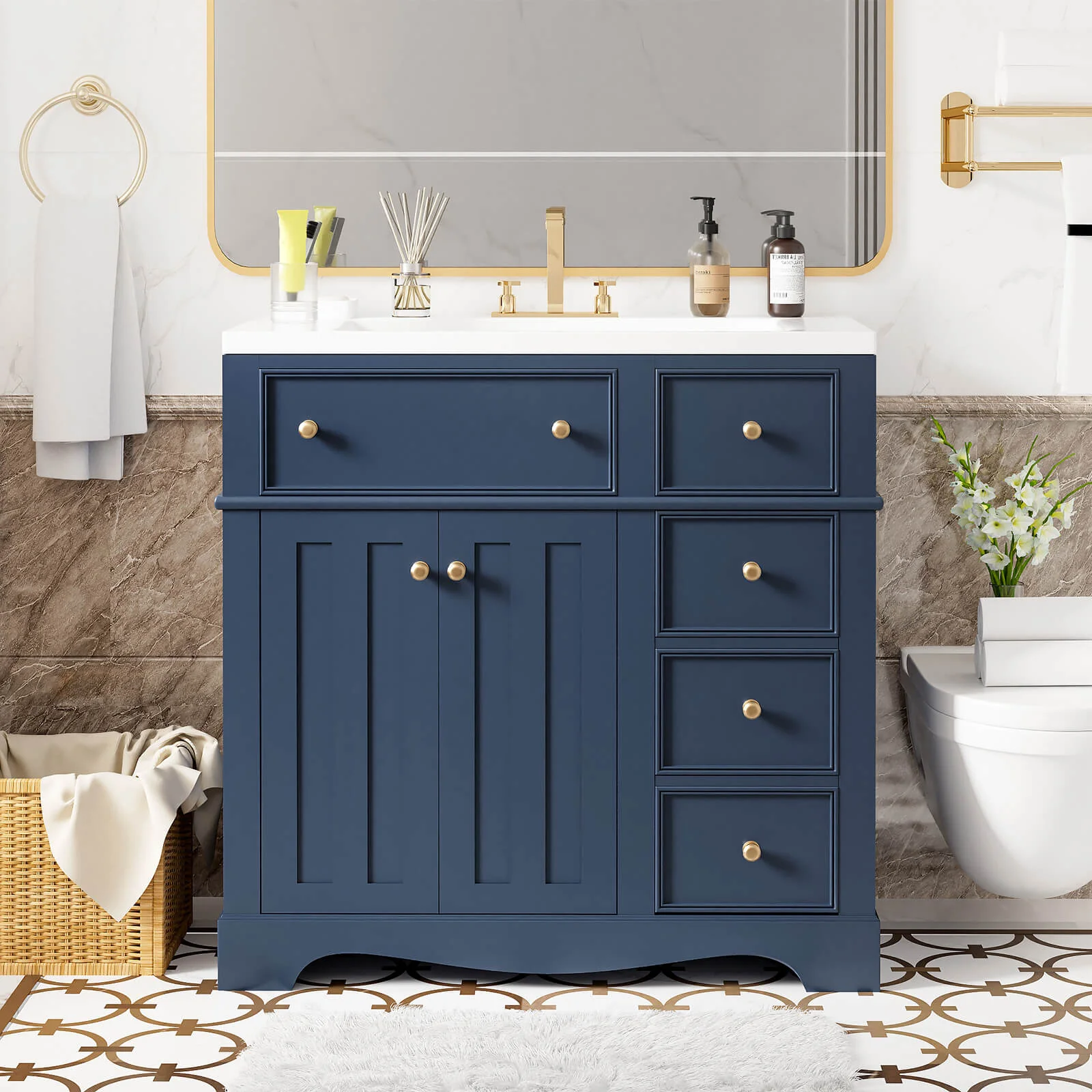36" Blue Bathroom Vanity with Right-Side Drawer