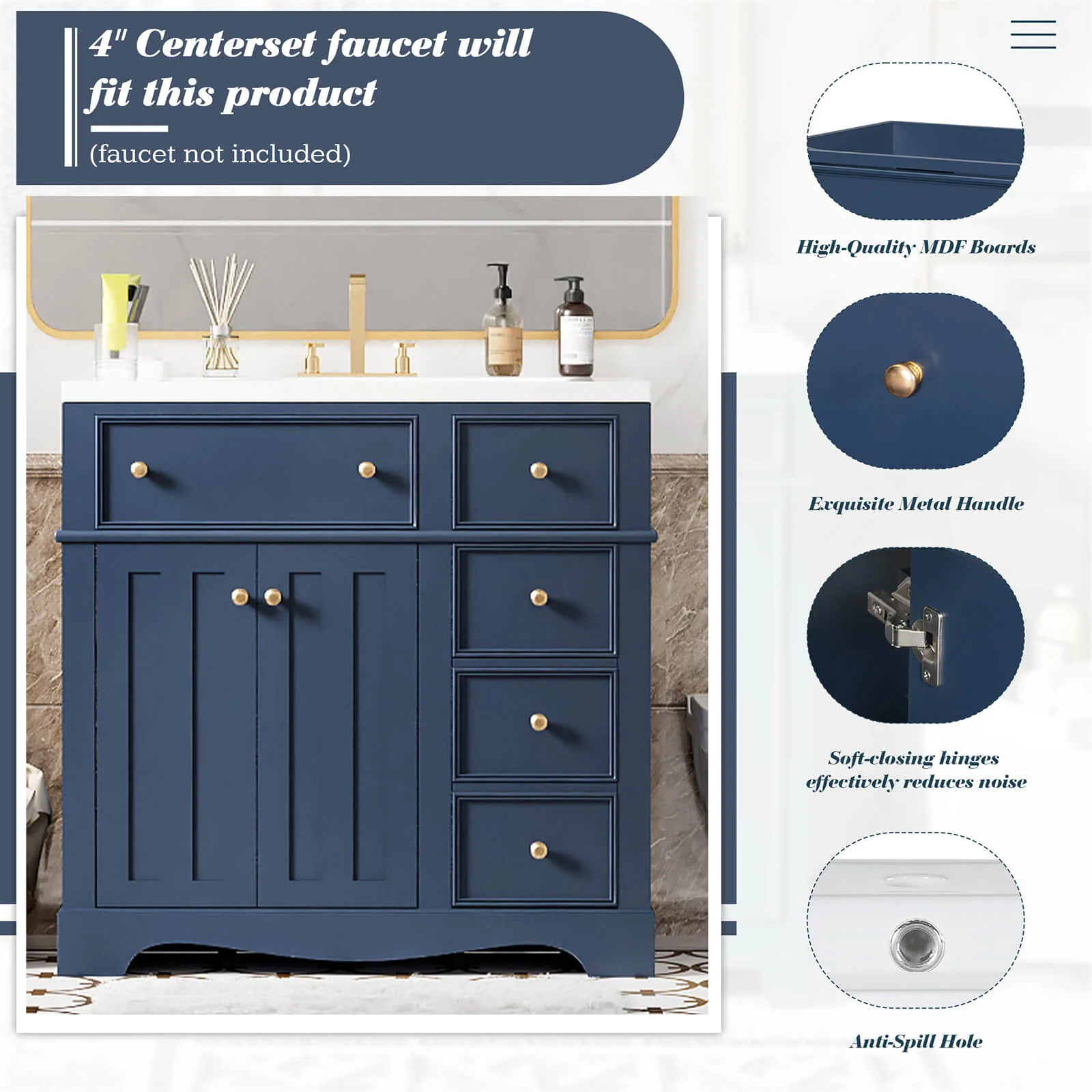 36" Blue Bathroom Vanity with Right-Side Drawer - Image 5