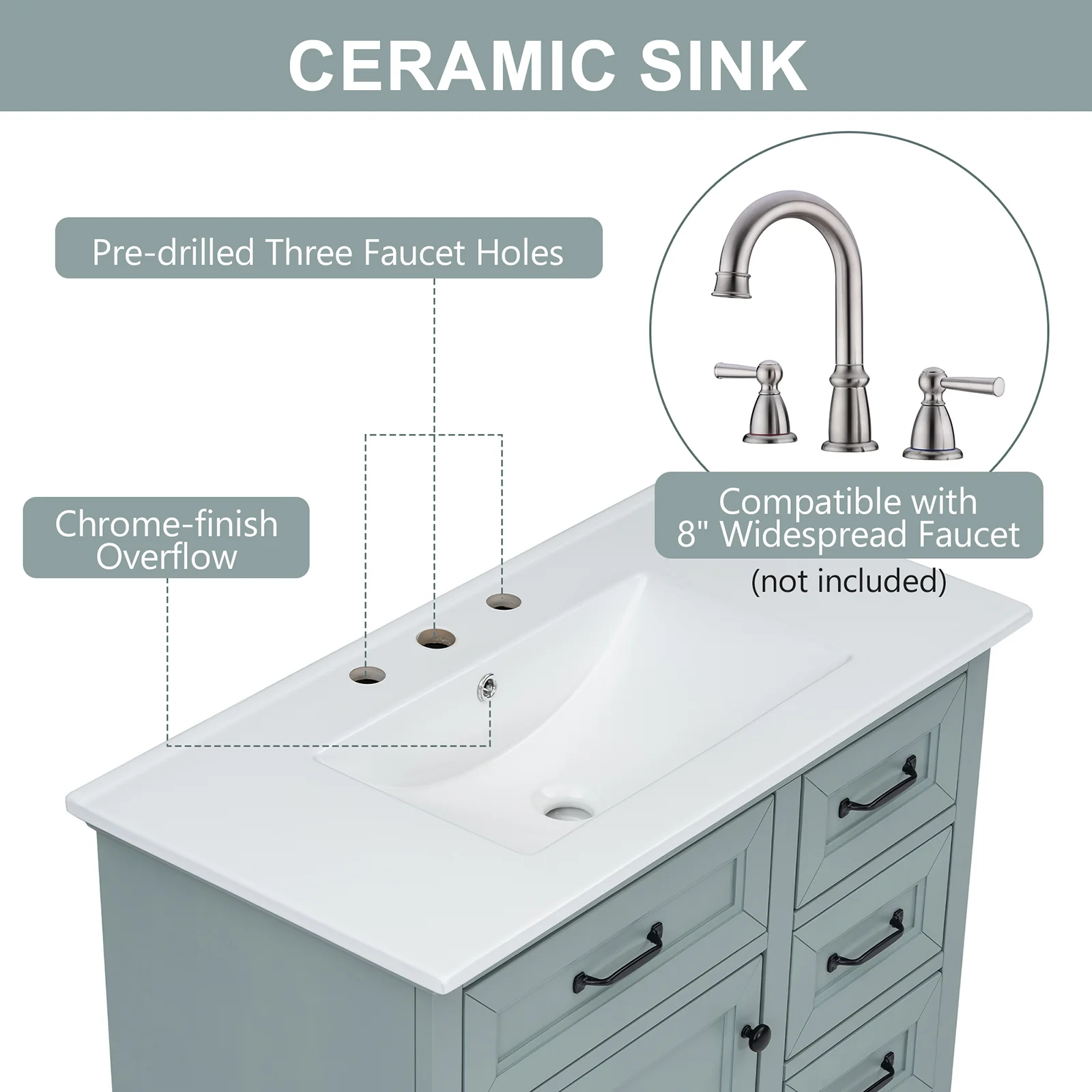 36" Gray-Green Bathroom Vanity with Rubberwood Frame - Image 5