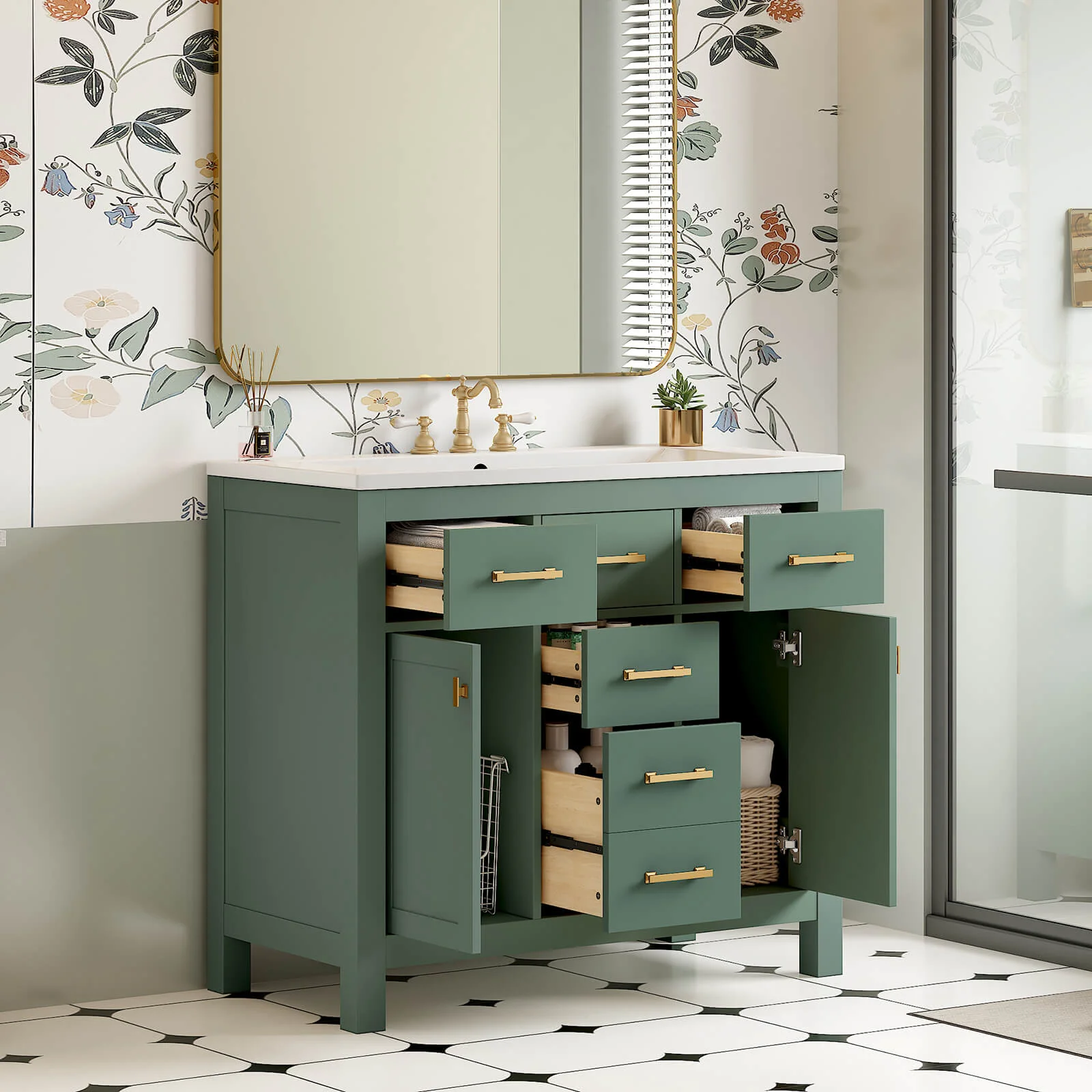 36" Green Bathroom Storage Vanity with 3-Hole Ceramic Top - Image 2