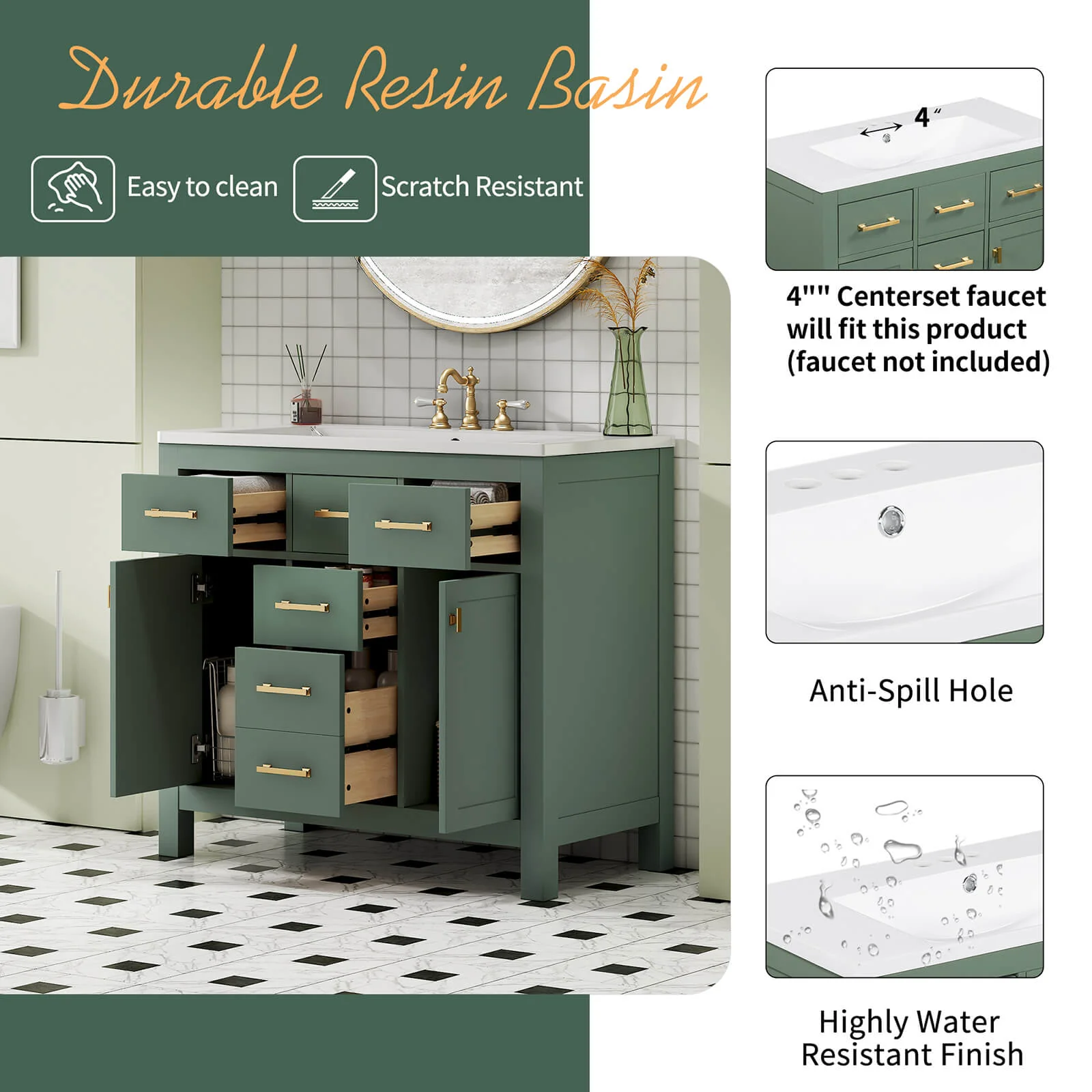 36" Green Bathroom Storage Vanity with 3-Hole Ceramic Top - Image 9