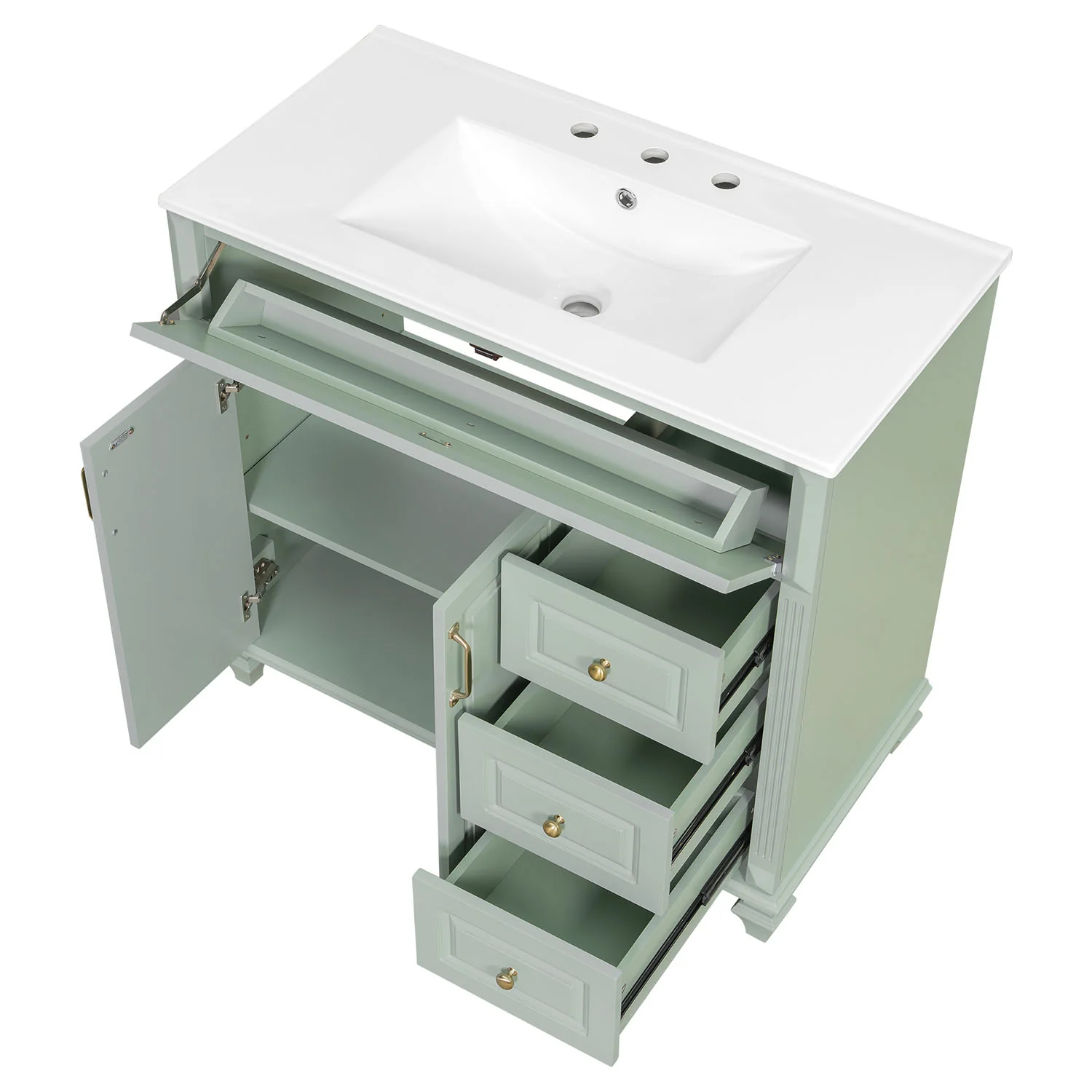 36" Green Bathroom Storage Vanity with Ceramic Basin, Golden Metal Handles - Image 10