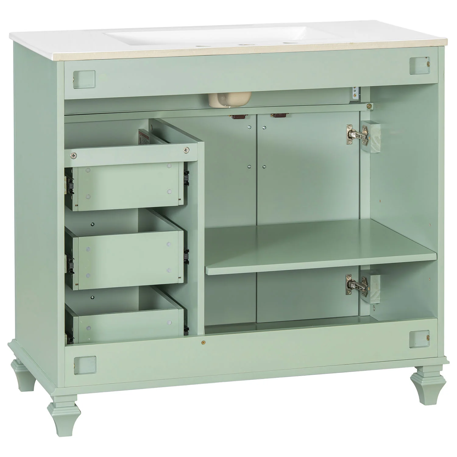 36" Green Bathroom Storage Vanity with Ceramic Basin, Golden Metal Handles - Image 11