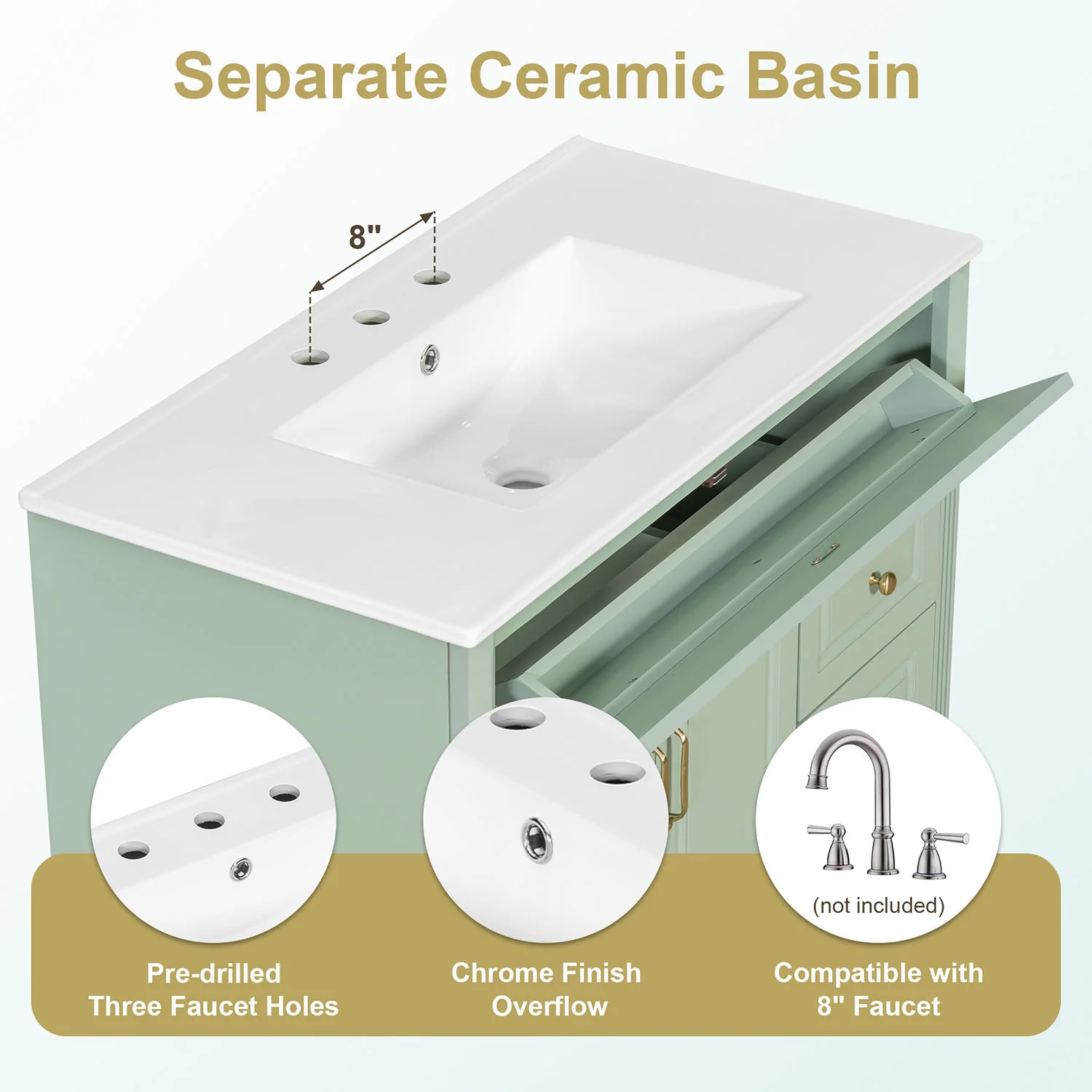 36" Green Bathroom Storage Vanity with Ceramic Basin, Golden Metal Handles - Image 3