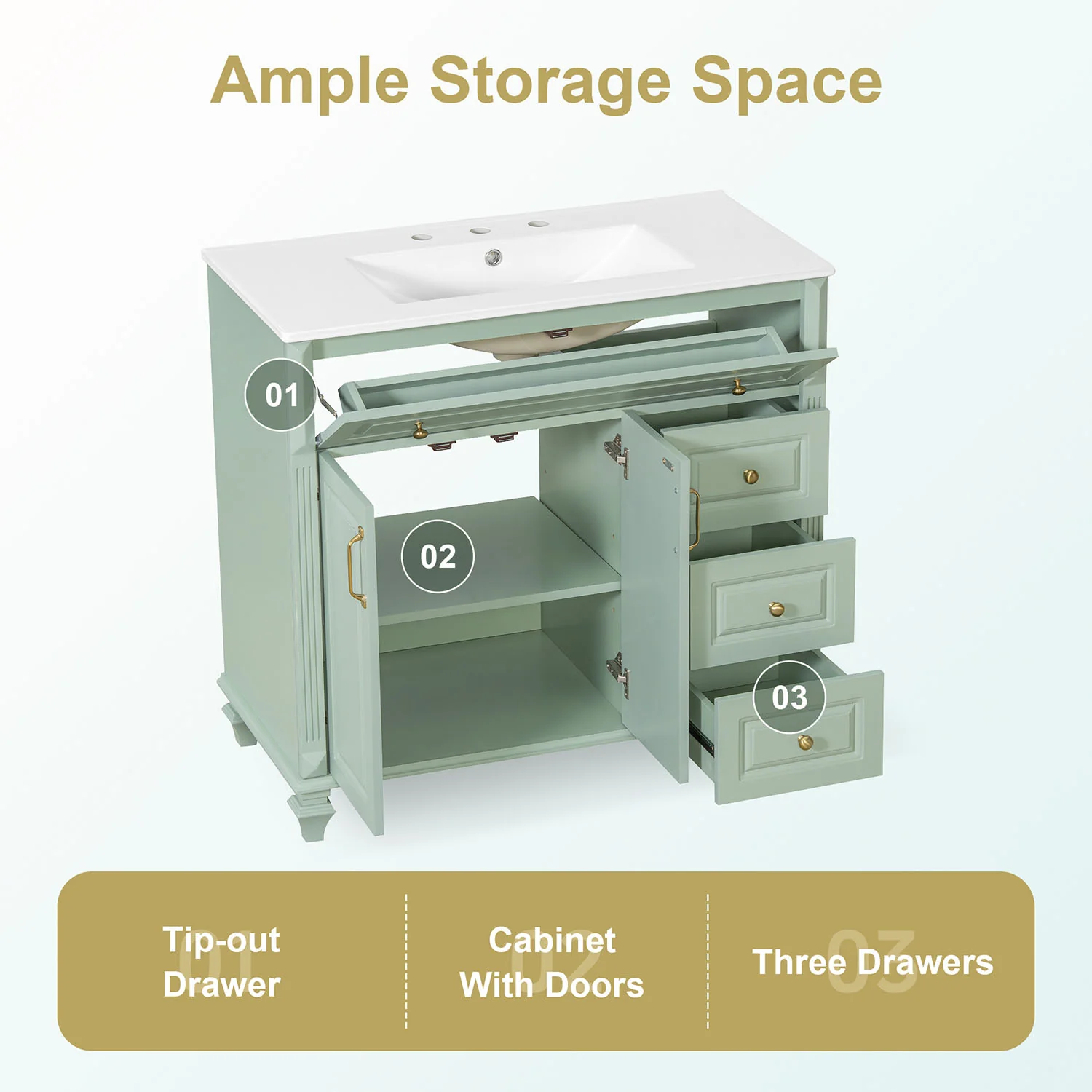 36" Green Bathroom Storage Vanity with Ceramic Basin, Golden Metal Handles - Image 4
