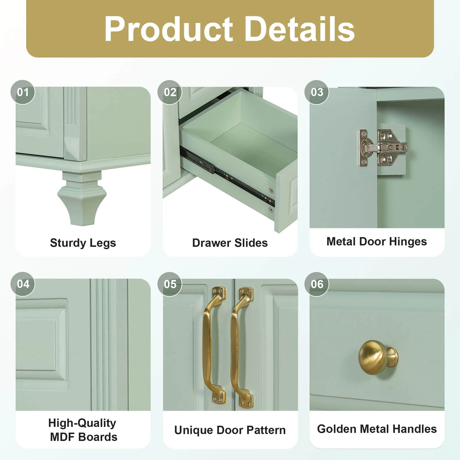36" Green Bathroom Storage Vanity with Ceramic Basin, Golden Metal Handles - Image 5