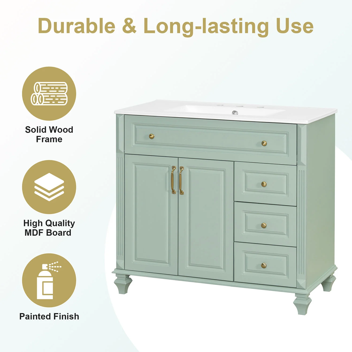 36" Green Bathroom Storage Vanity with Ceramic Basin, Golden Metal Handles - Image 6