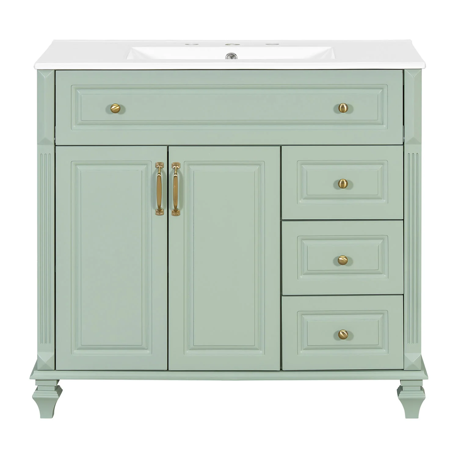 36" Green Bathroom Storage Vanity with Ceramic Basin, Golden Metal Handles - Image 7