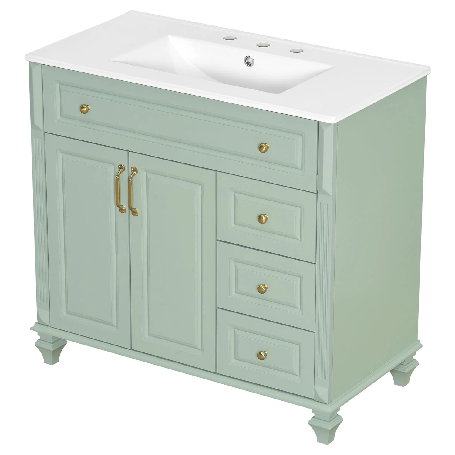 36" Green Bathroom Storage Vanity with Ceramic Basin, Golden Metal Handles - Image 8