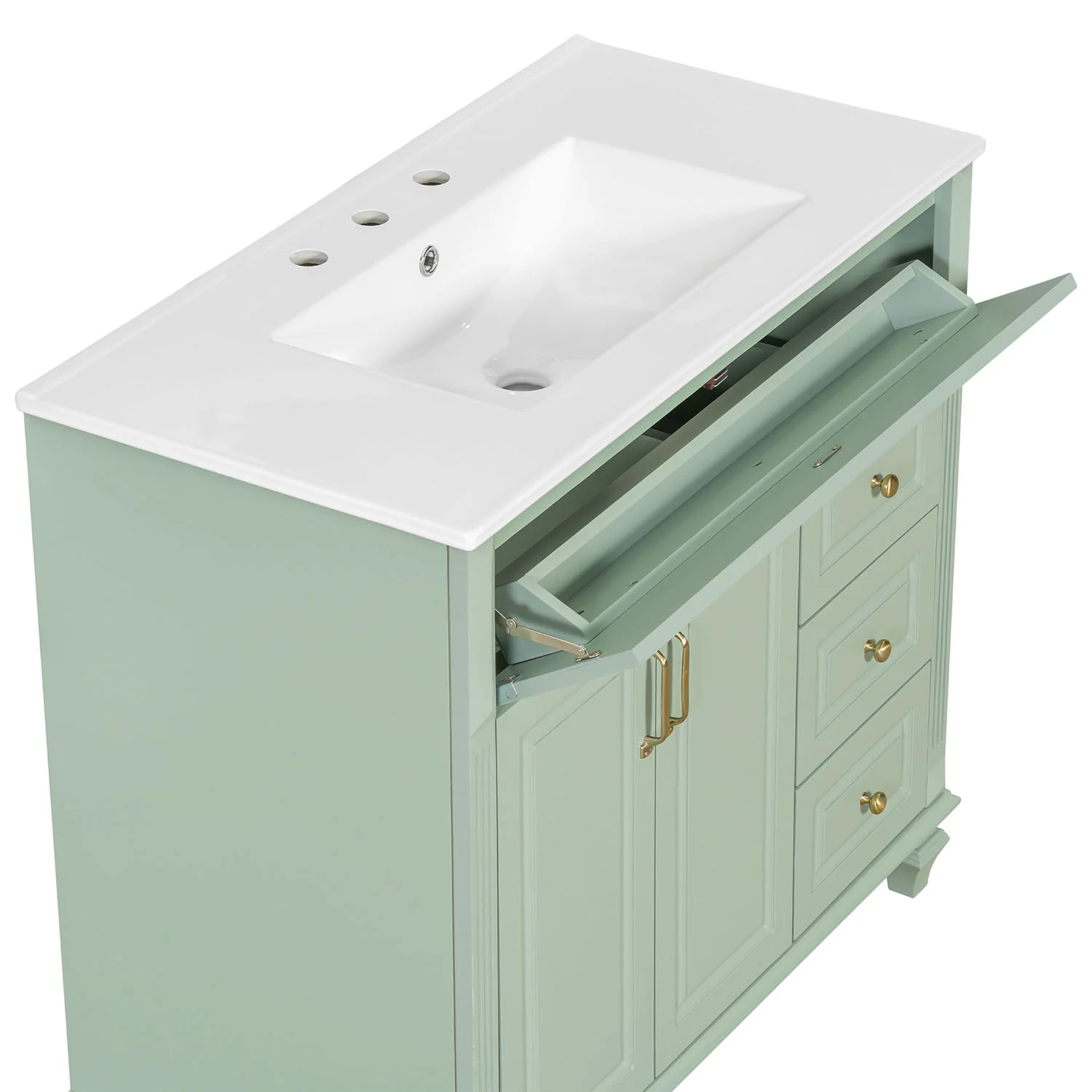 36" Green Bathroom Storage Vanity with Ceramic Basin, Golden Metal Handles - Image 9
