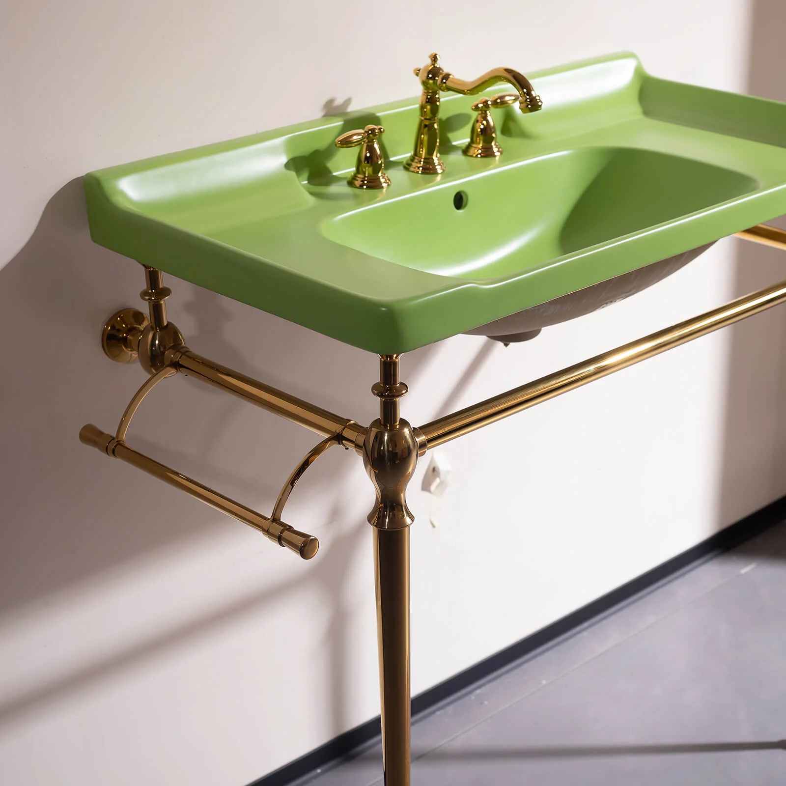 36" Green Ceramic Console Sink with Gold Metal Legs - Image 5