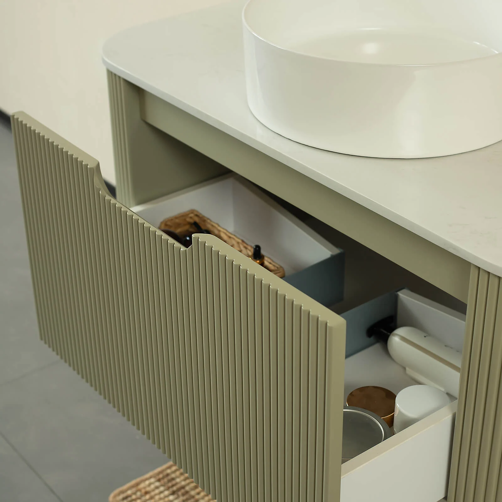 36" Green Curved Edges Floating Vanity with Round Vessel Sink - Image 5