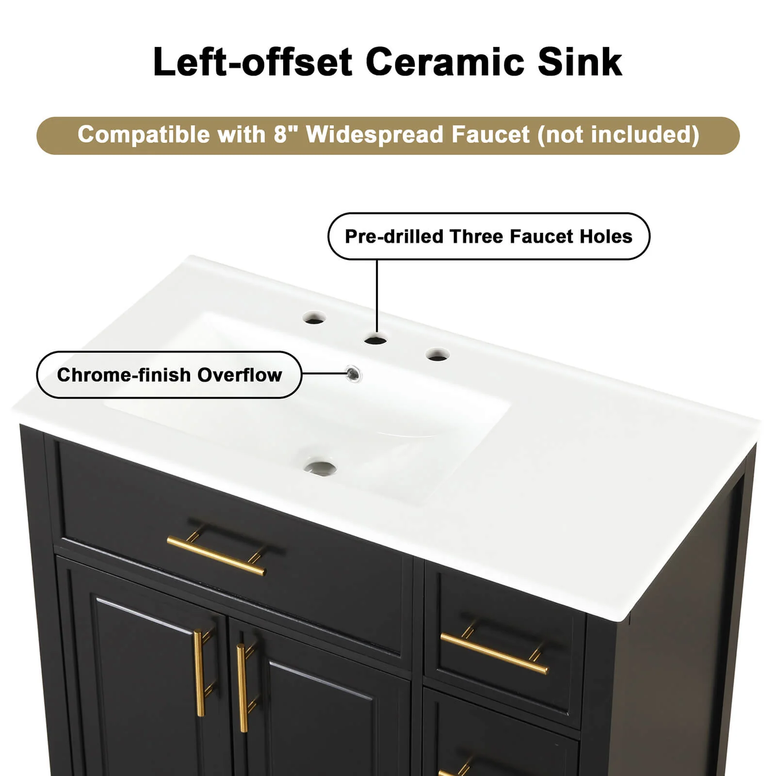 36" Left Offset Black Bathroom Vanity with Gold Handles - Image 7