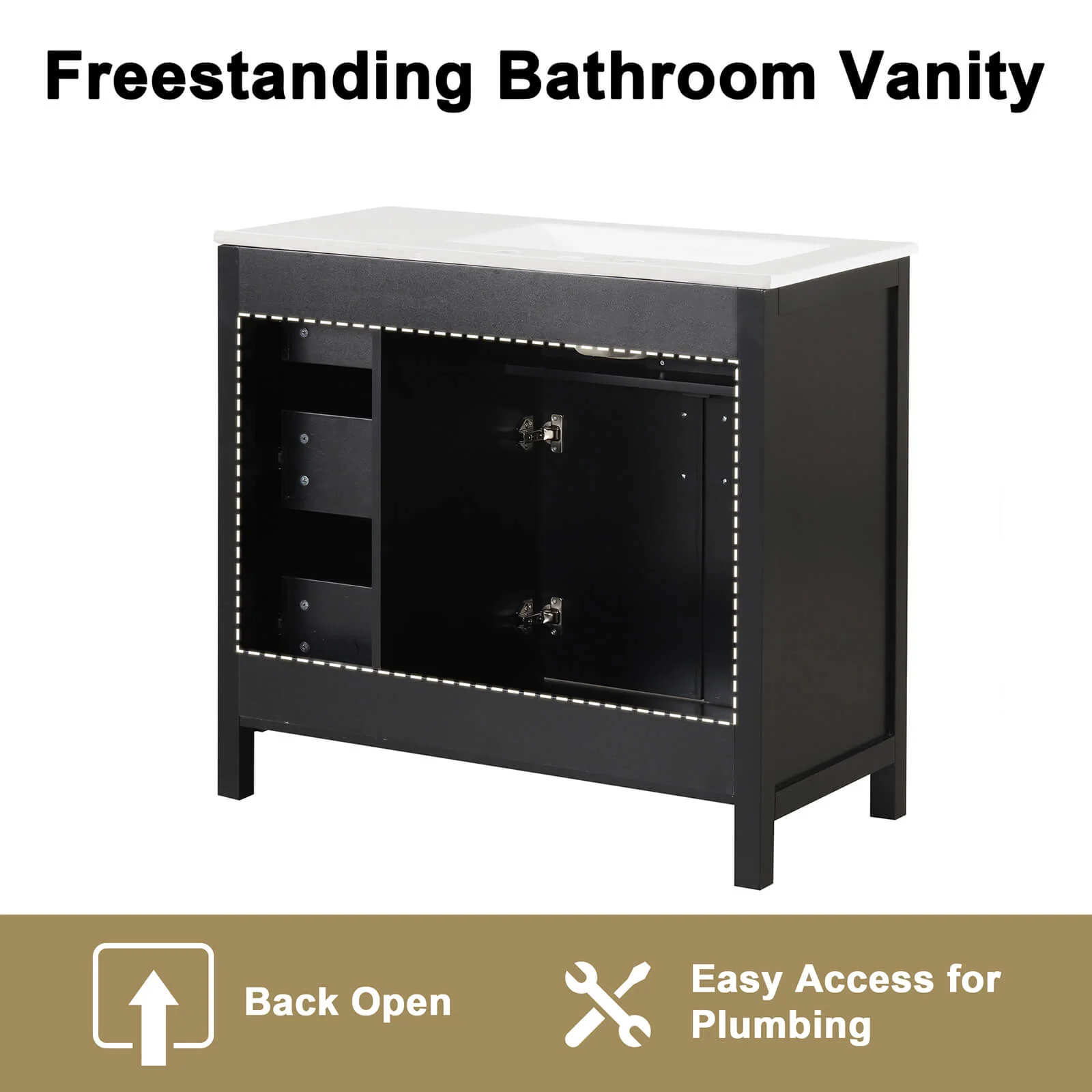 36" Left Offset Black Bathroom Vanity with Gold Handles - Image 8
