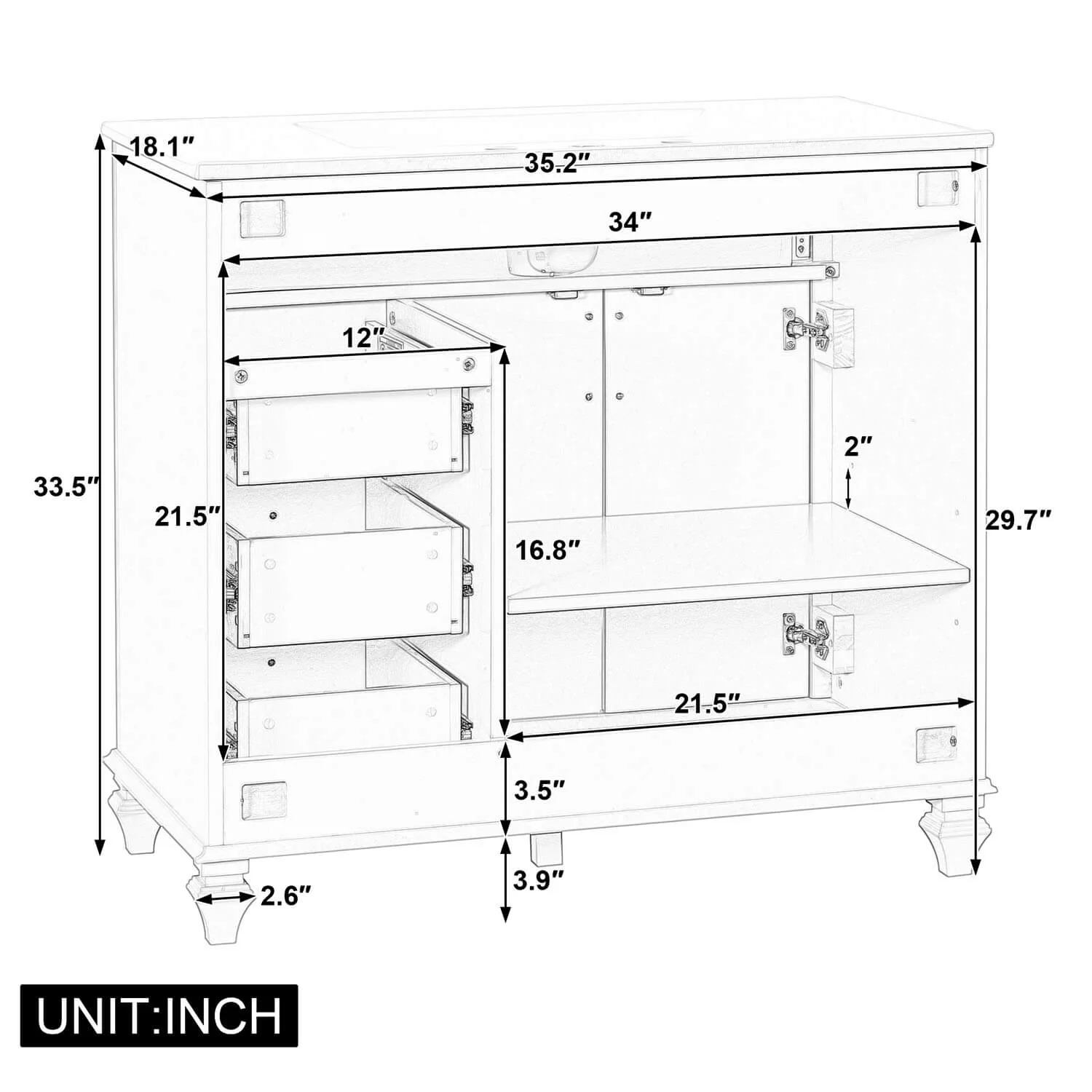 36" Green Bathroom Storage Vanity with Ceramic Basin, Golden Metal Handles - Image 14