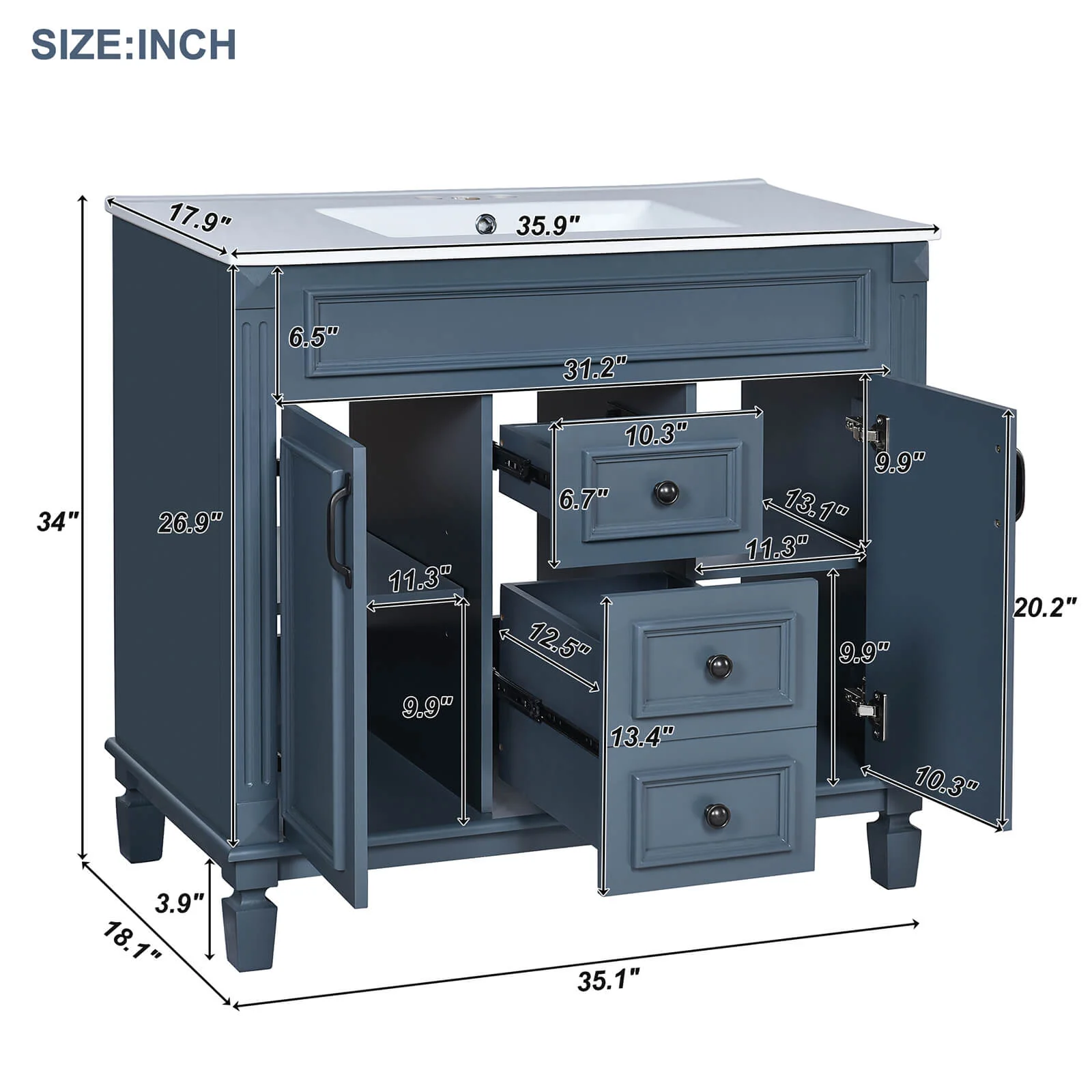 36" Modern Blue Floor Standing Bathroom Vanity - Image 11