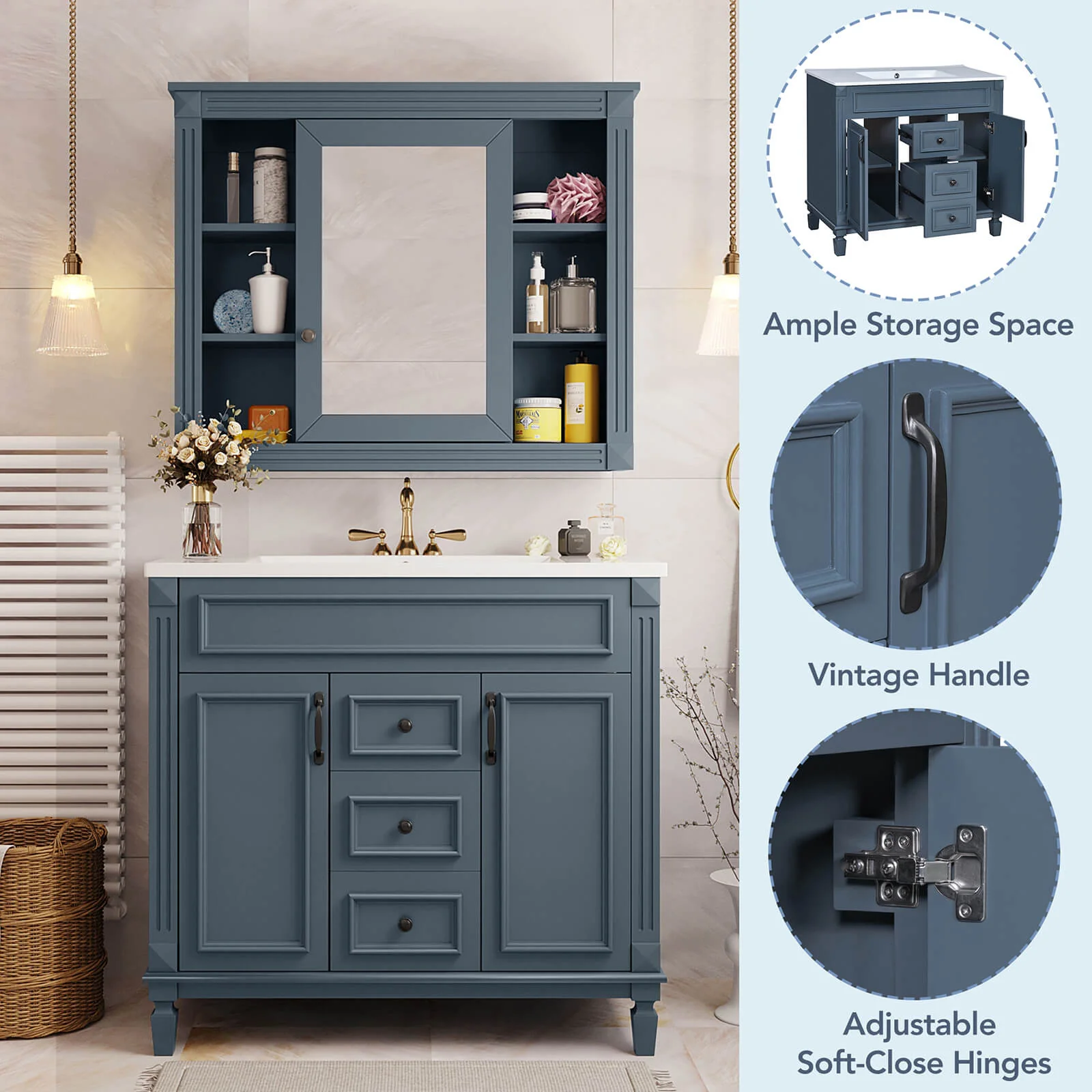 36" Modern Blue Floor Standing Bathroom Vanity - Image 3