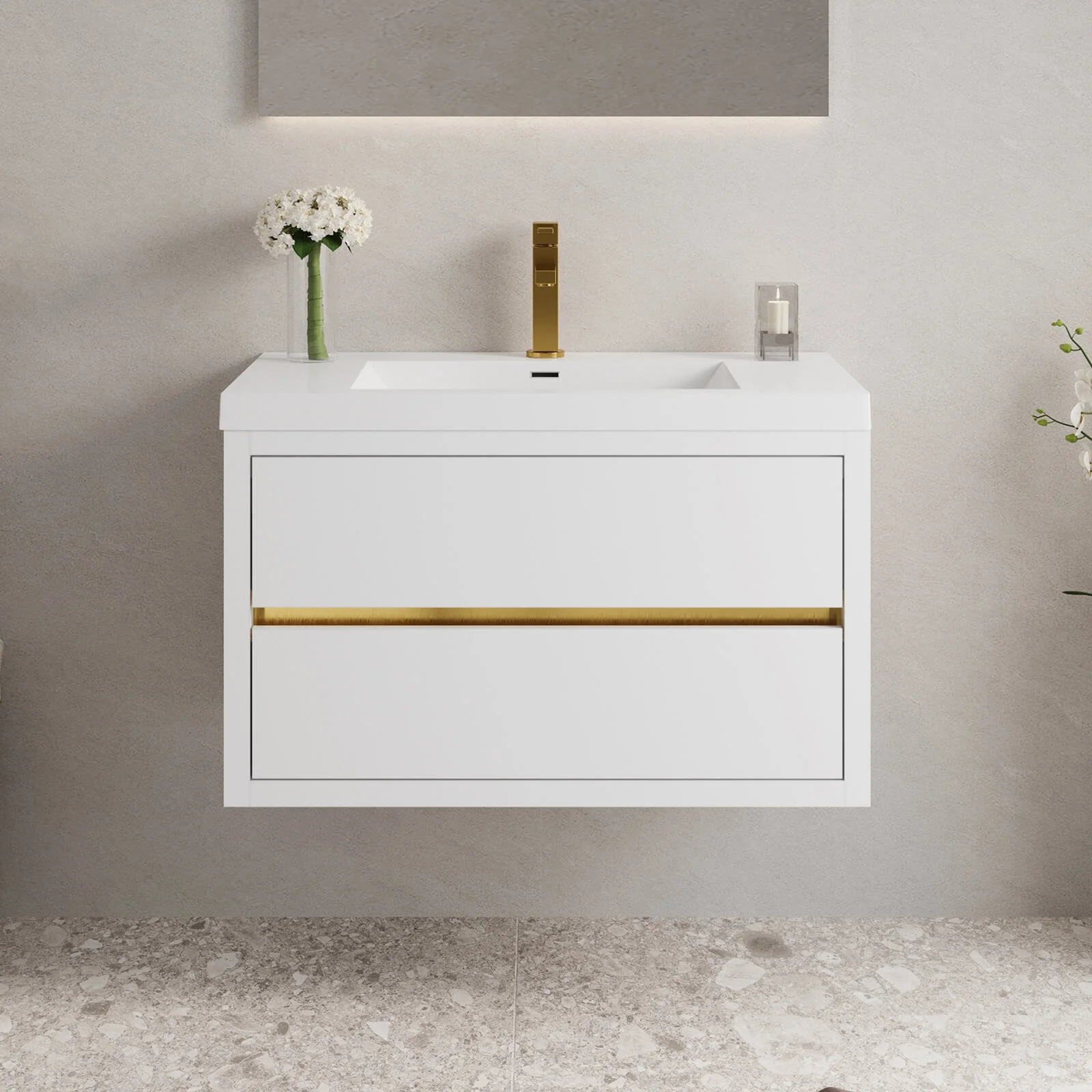 36" Modern Floating Single-Sink Vanity with Gold Accents