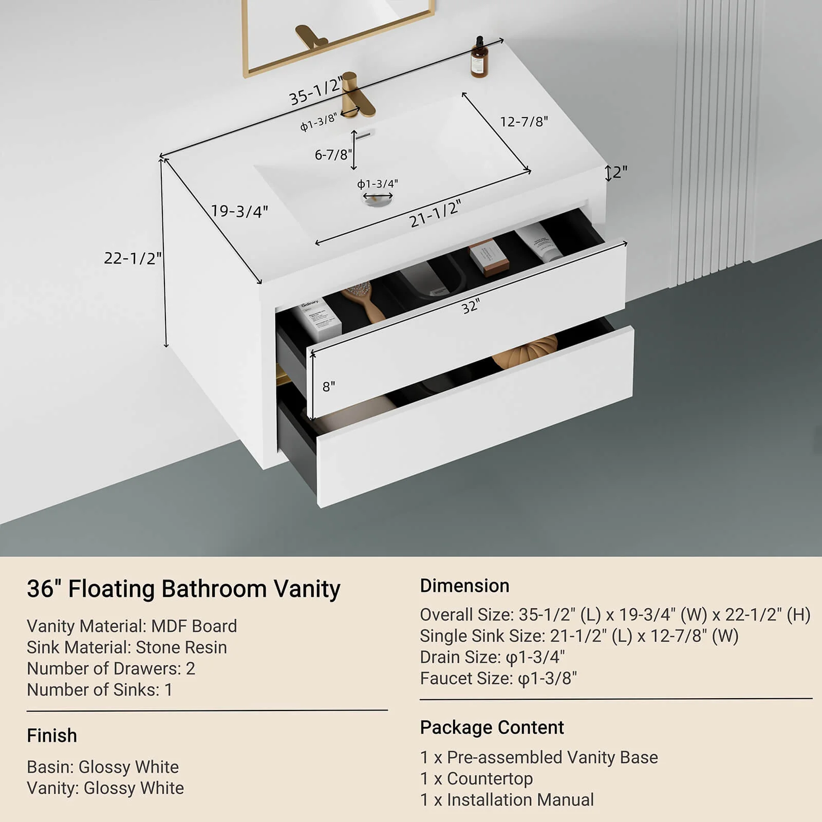 36" Modern Floating Single-Sink Vanity with Gold Accents - Image 8