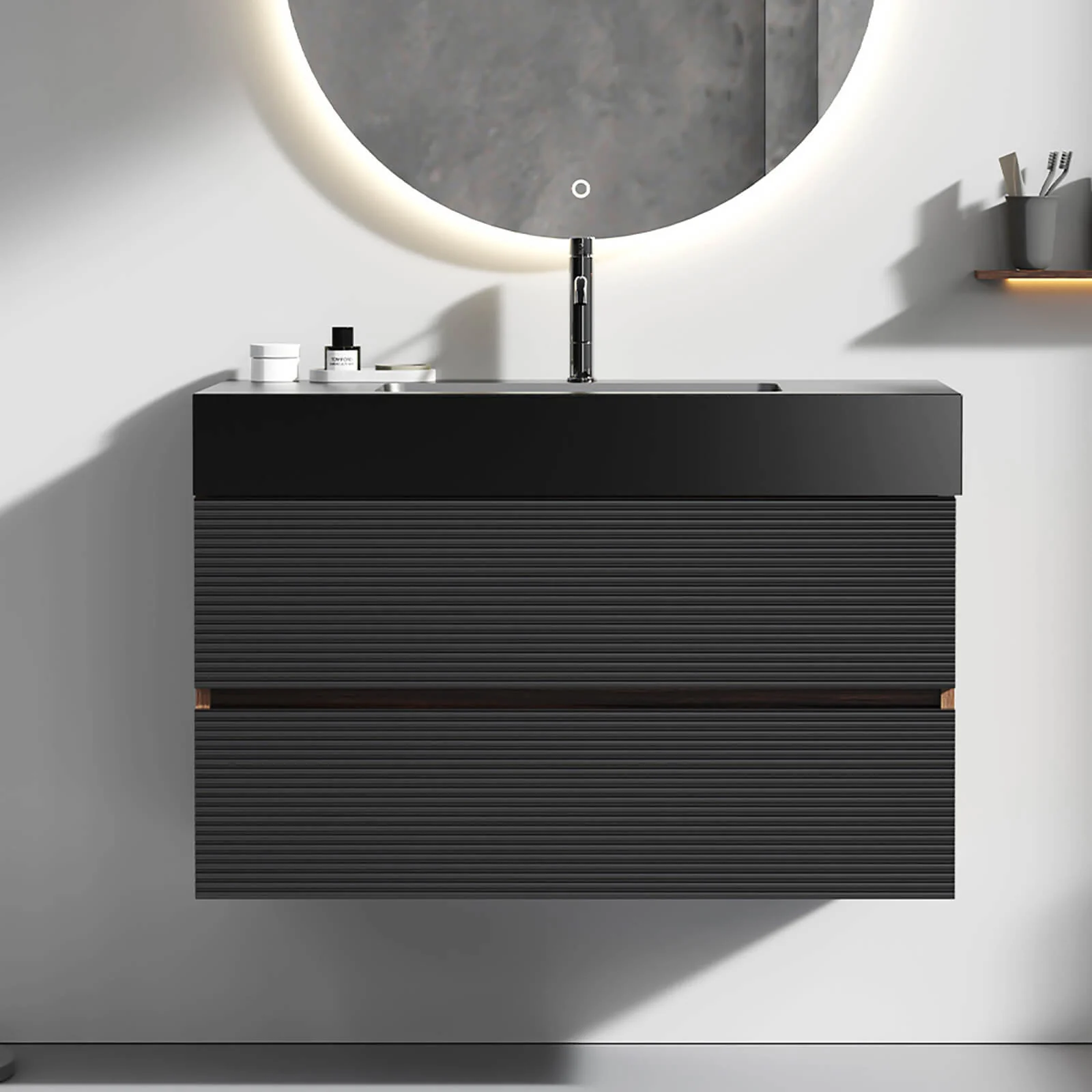 36" Slatted Floating Bathroom Vanity with Stone Resin Black Sink and Two Storage Drawers - Image 2
