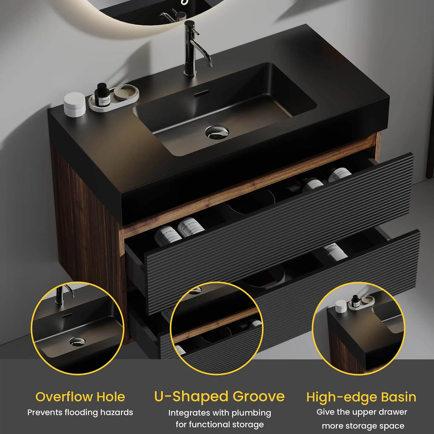 36" Slatted Floating Bathroom Vanity with Stone Resin Black Sink and Two Storage Drawers - Image 3