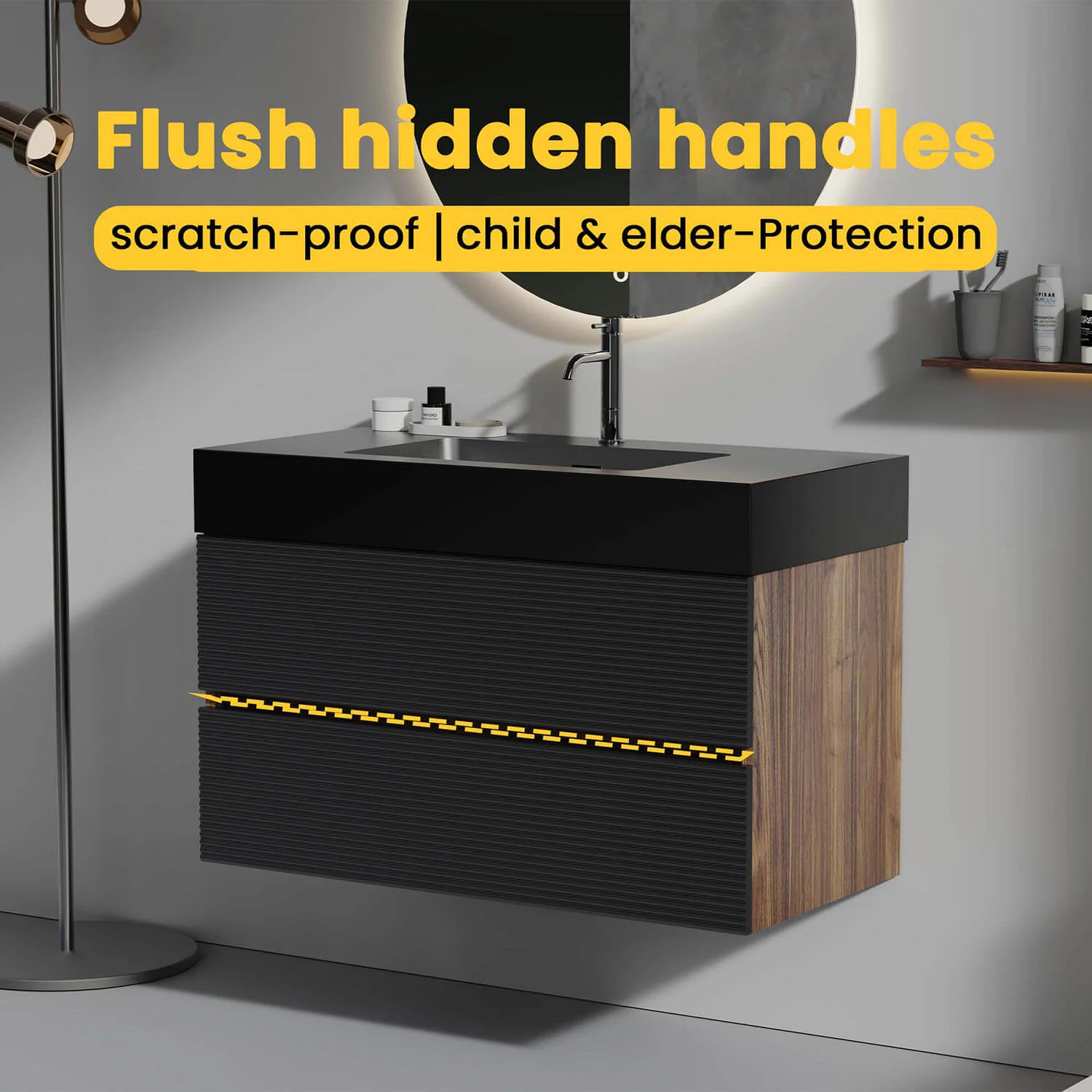 36" Slatted Floating Bathroom Vanity with Stone Resin Black Sink and Two Storage Drawers - Image 5