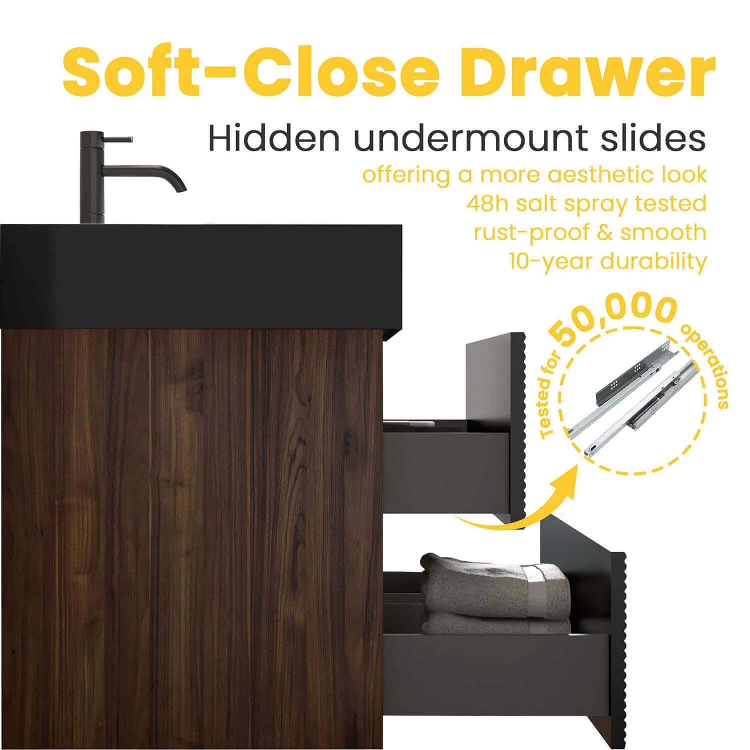 36" Slatted Floating Bathroom Vanity with Stone Resin Black Sink and Two Storage Drawers - Image 6
