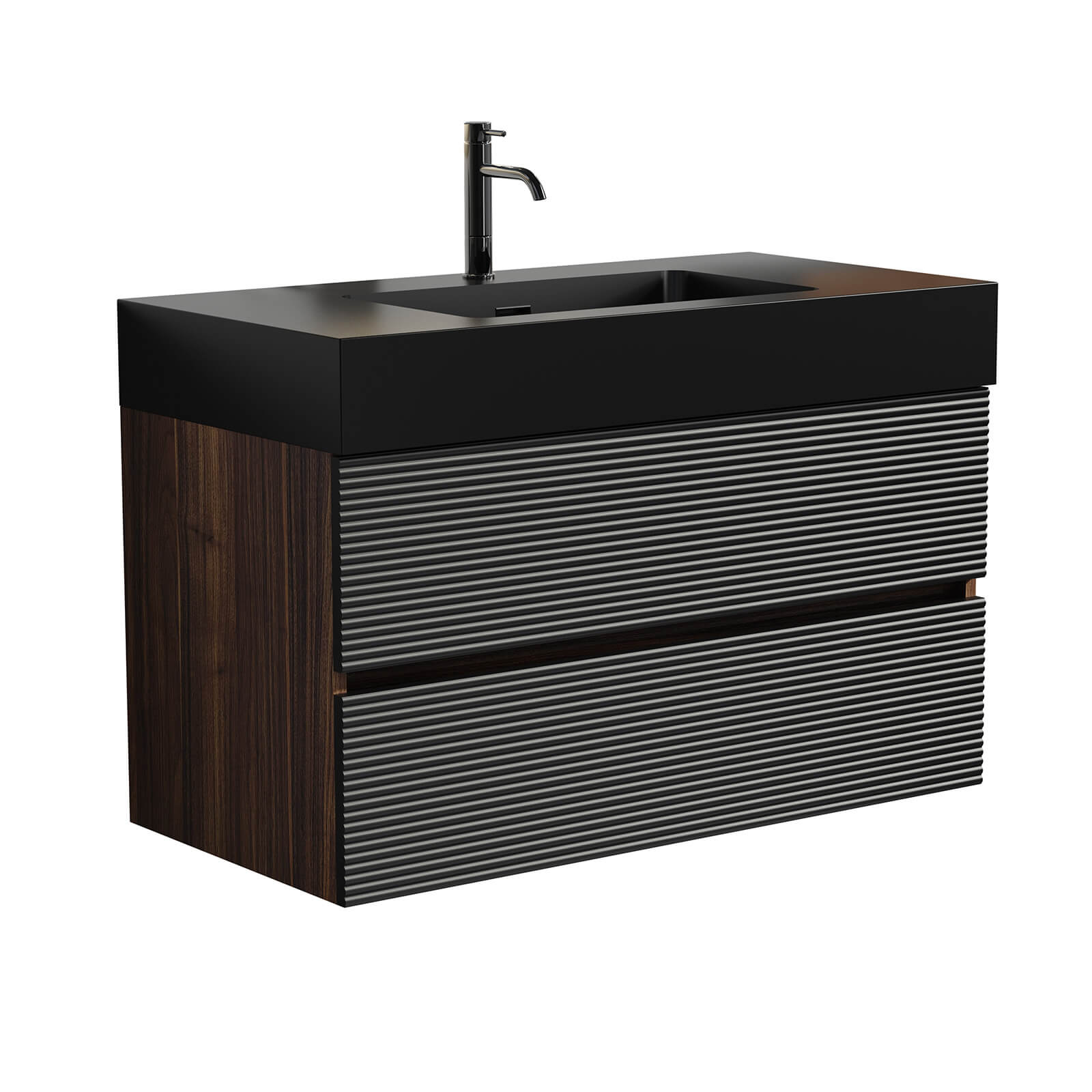 36" Slatted Floating Bathroom Vanity with Stone Resin Black Sink and Two Storage Drawers - Image 7