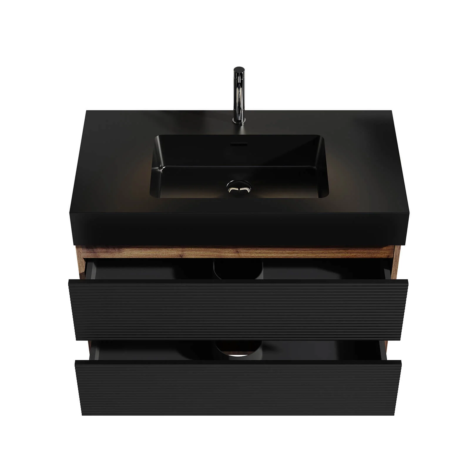36" Slatted Floating Bathroom Vanity with Stone Resin Black Sink and Two Storage Drawers - Image 8