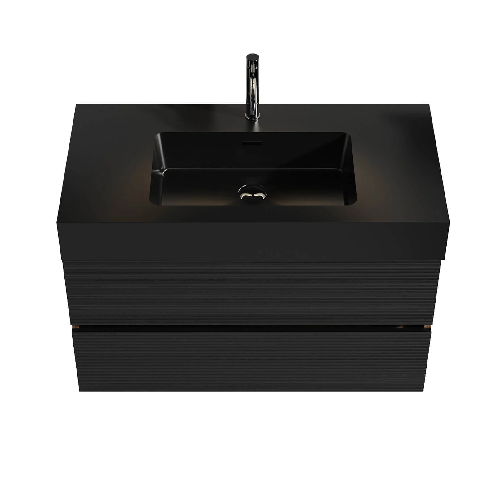 36" Slatted Floating Bathroom Vanity with Stone Resin Black Sink and Two Storage Drawers - Image 9