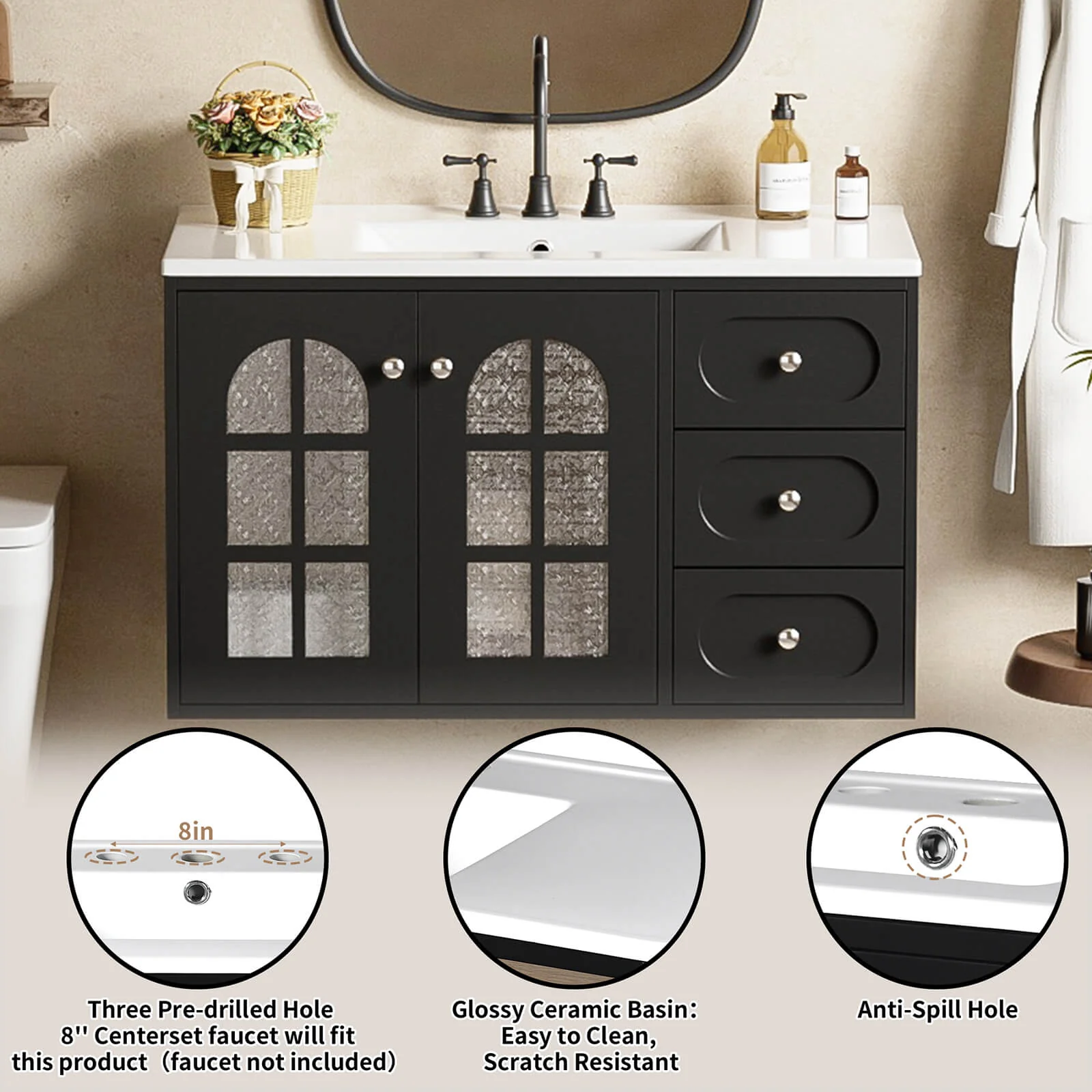 36" Wall-Mounted Bathroom Vanity with Transparent Panels - Image 3