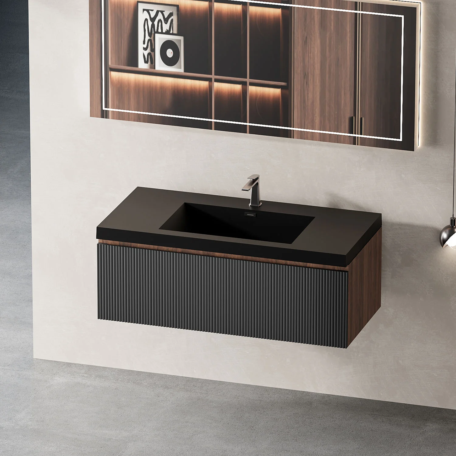 36" Walnut & Black Fluted Design Floating Vanity with Single-Hole Quartz Sand Sink - Image 3