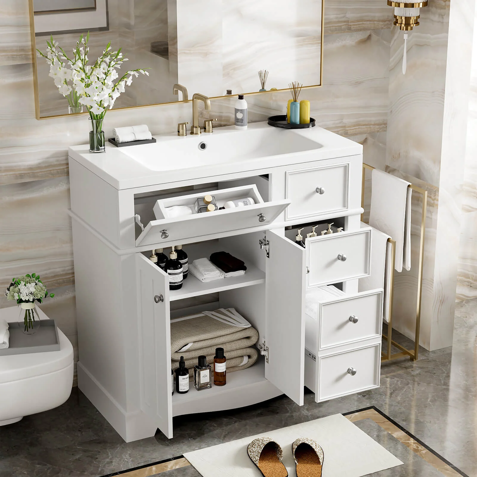 36" White Bathroom Vanity with Right-Side Drawer - Image 2