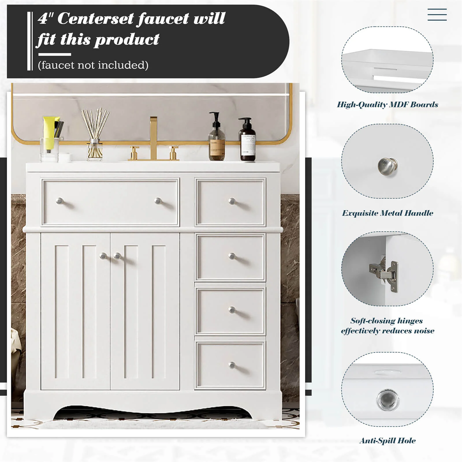 36" White Bathroom Vanity with Right-Side Drawer - Image 5