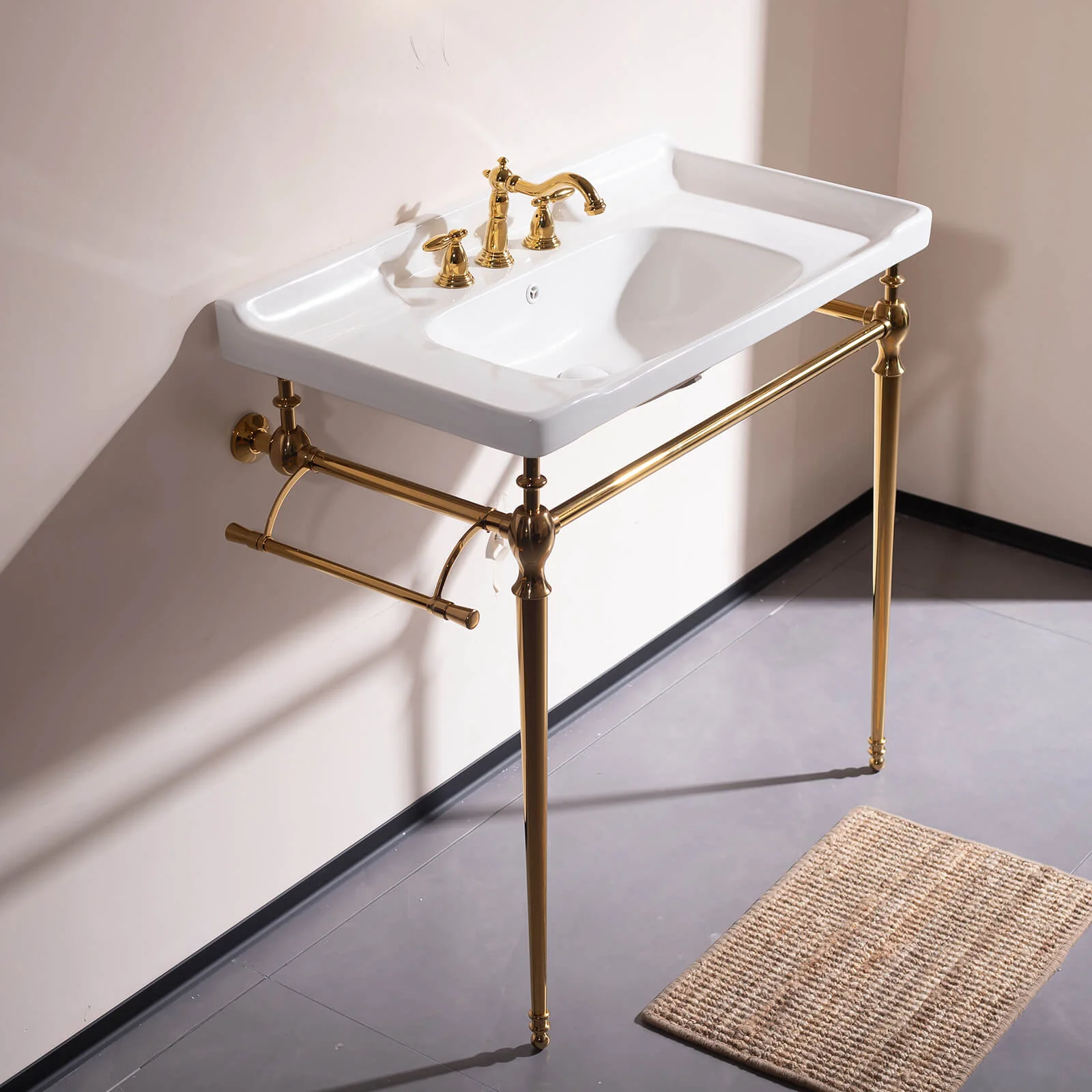 36" White Ceramic Console Sink with Gold Metal Legs