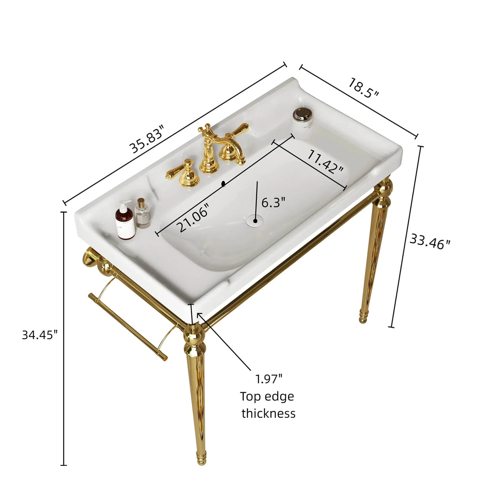36" White Ceramic Console Sink with Gold Metal Legs - Image 7