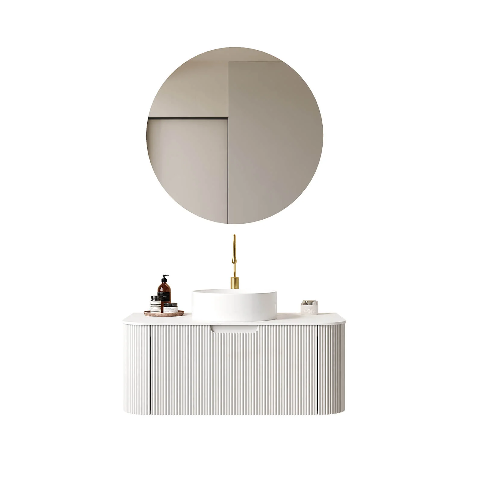 36" White Curved Edges Floating Vanity with Round Vessel Sink - Image 3