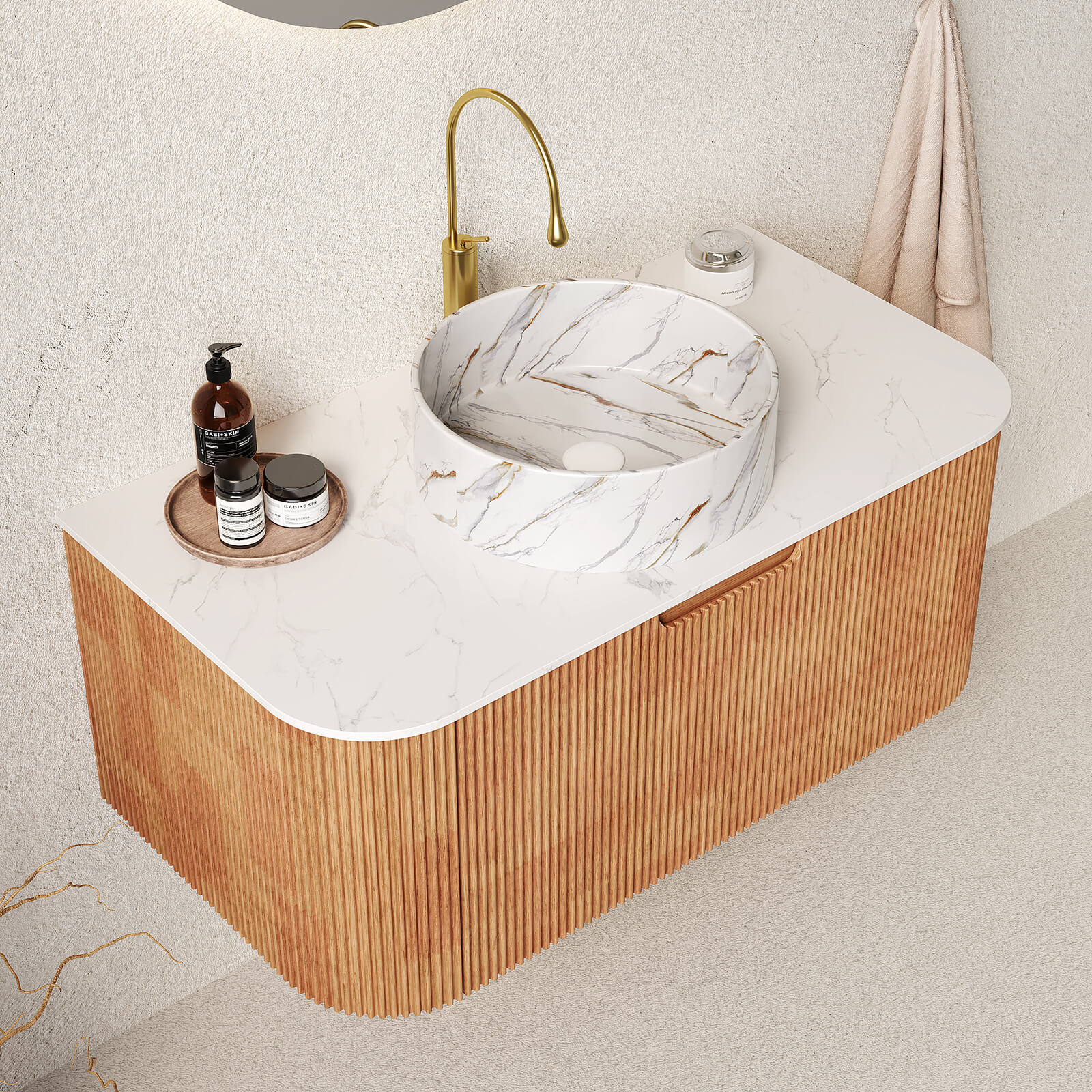 36" White Oak Bathroom Vanity with Stone-Veined Vessel Sink - Image 2