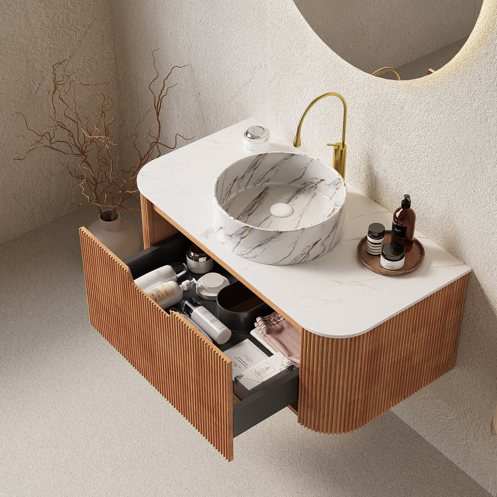 36" White Oak Bathroom Vanity with Stone-Veined Vessel Sink - Image 3