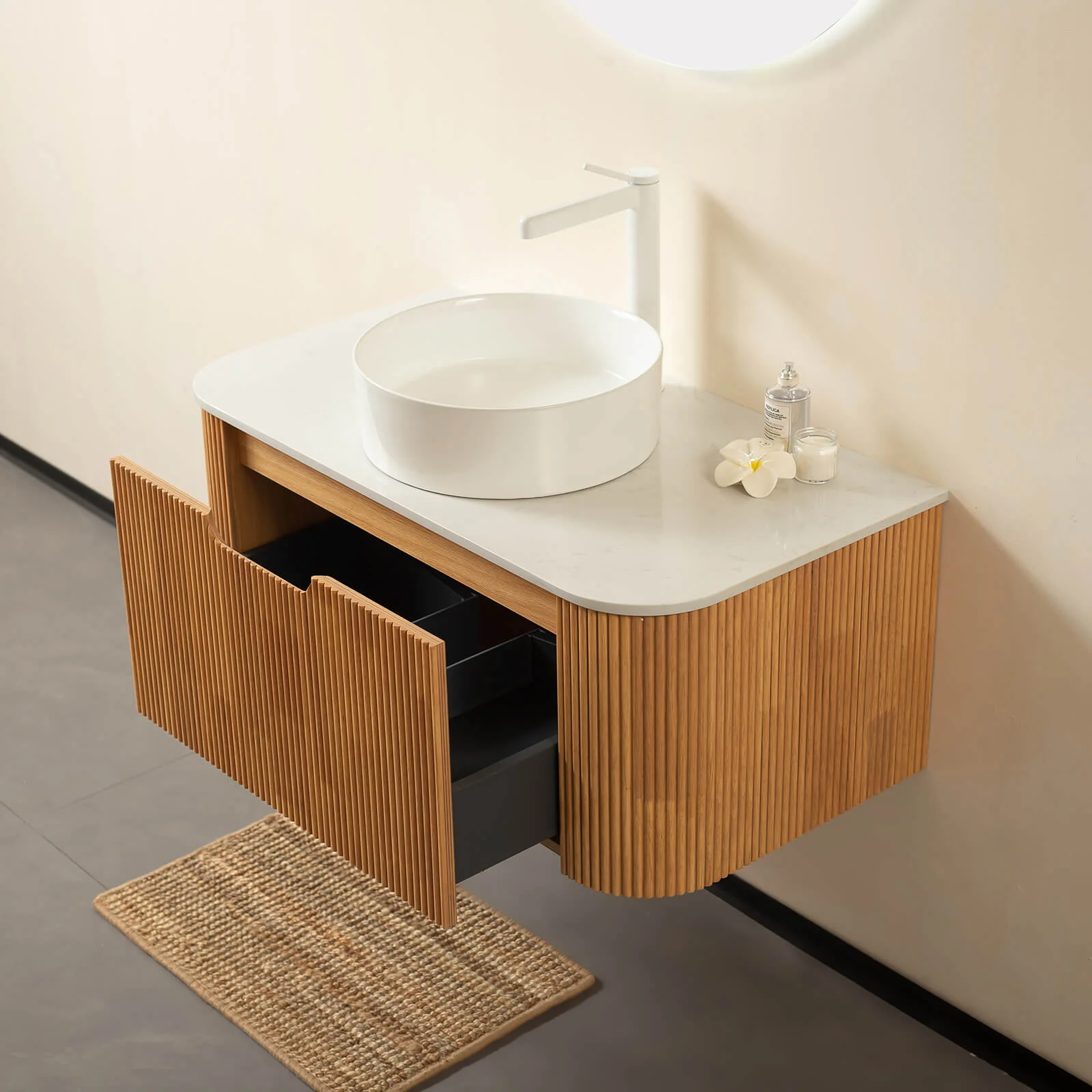 36" White Oak Curved Edges Floating Vanity with Round Vessel Sink - Image 2